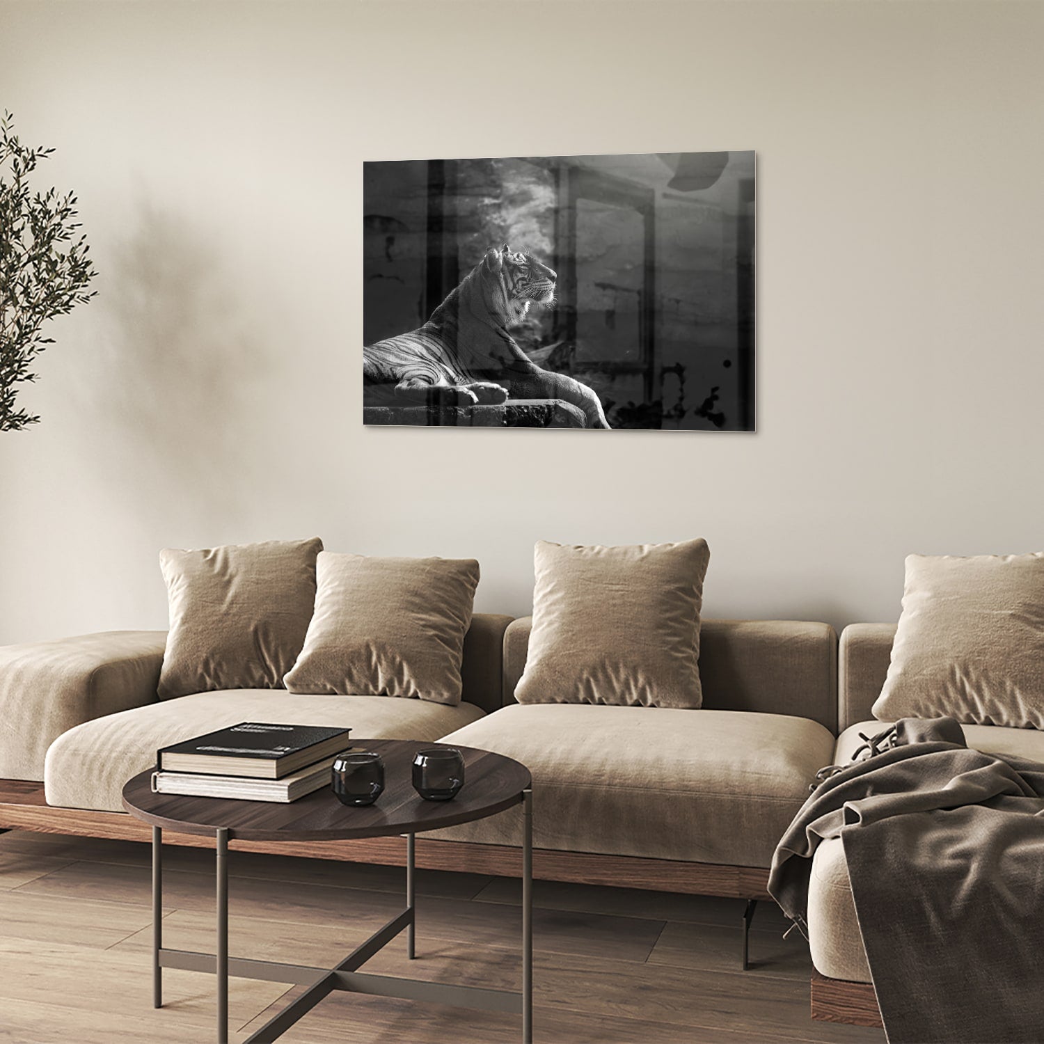 Glazen schilderij van een majestueuze tijger in zwart-wit