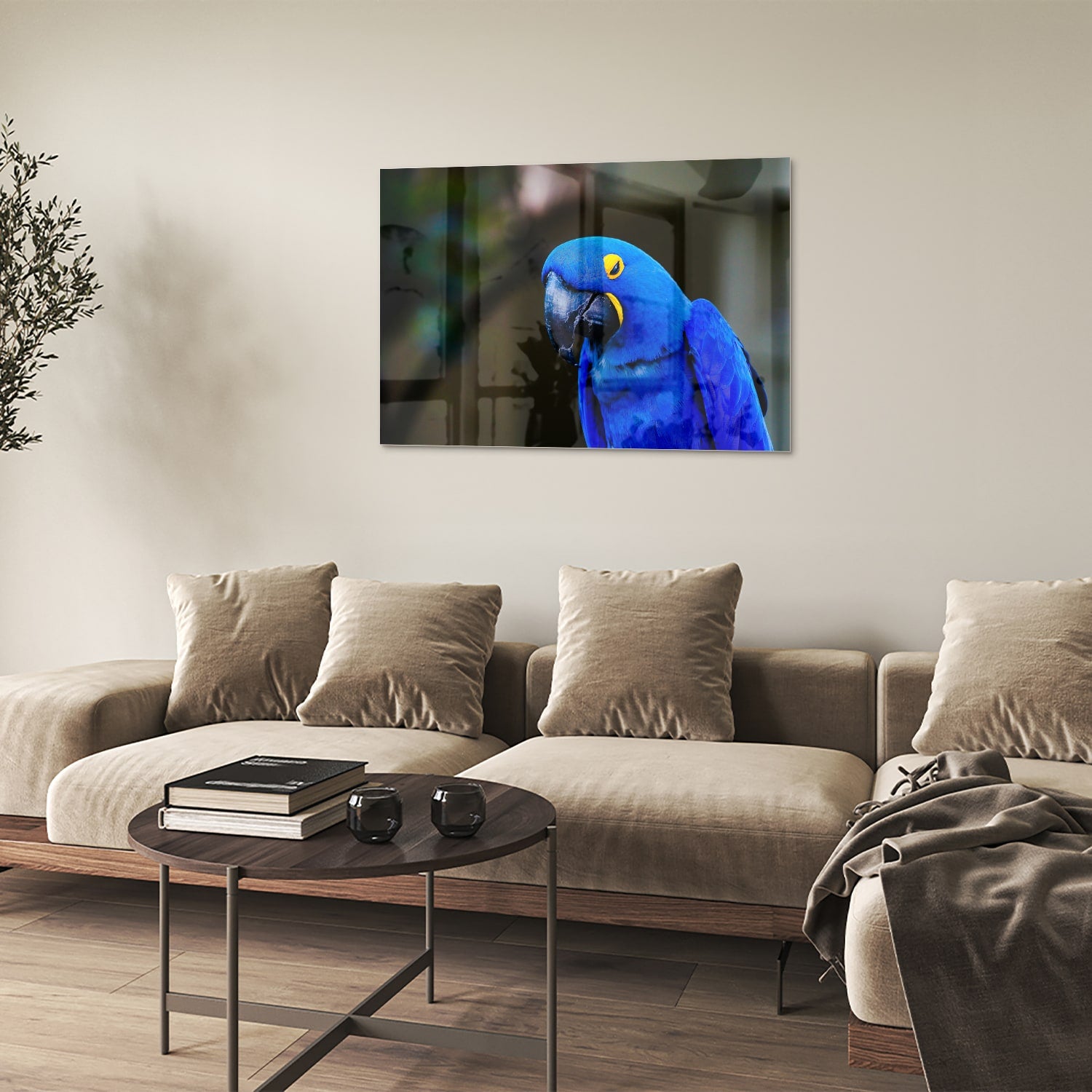Glazen schilderij van een blauwe ara, ideaal voor wanddecoratie.