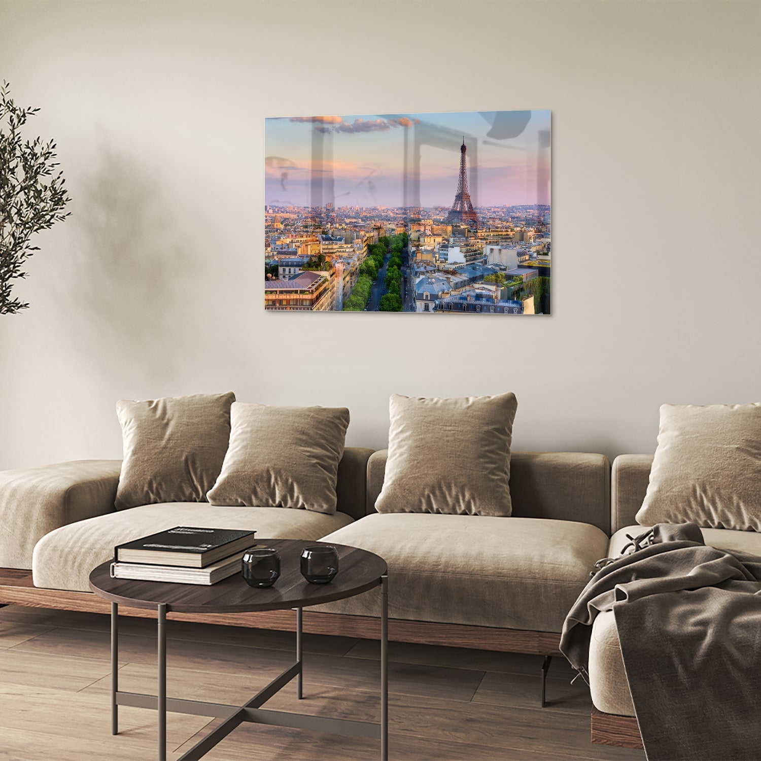Glas schilderij van de Eiffeltoren in Parijs bij zonsondergang