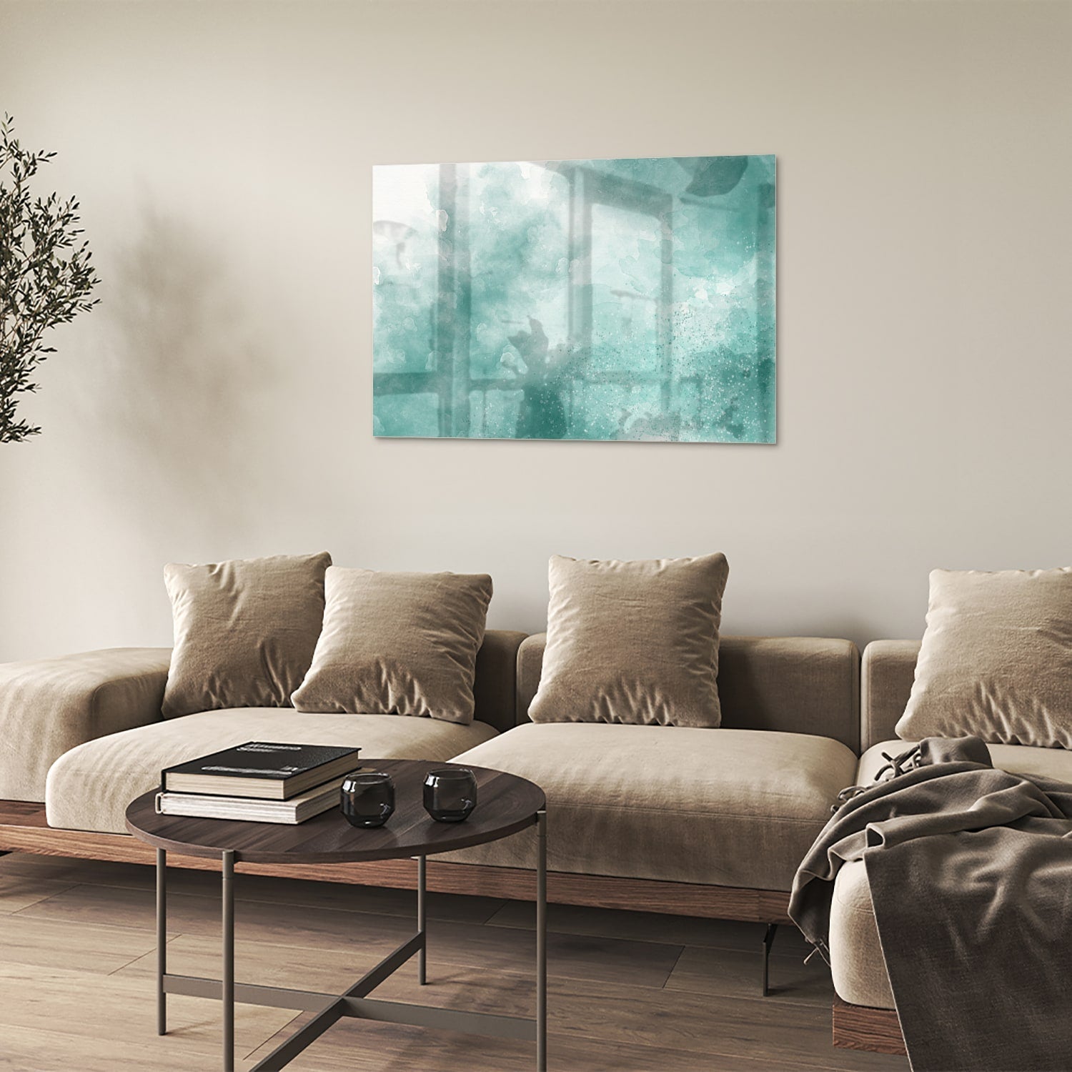 Abstract glazen schilderij in aquablauw kleur, past mooi in een modern interieur.