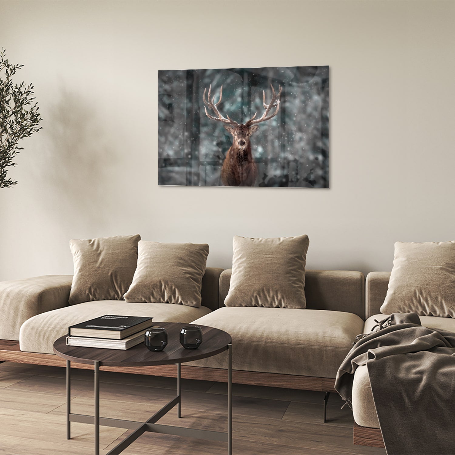 Glazen schilderij van een hert in een winterse setting