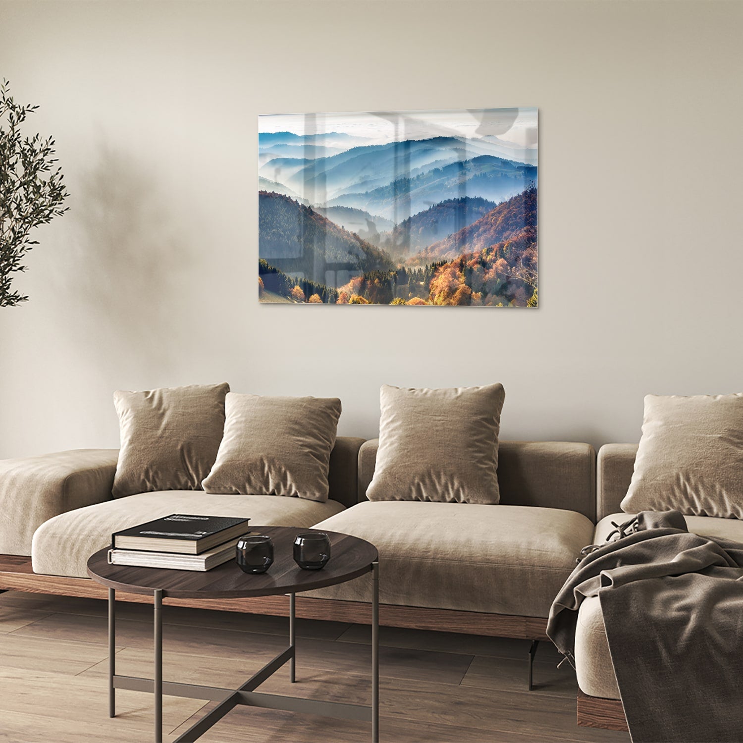 Glazen schilderij met een adembenemend berglandschap in warme herfstkleuren