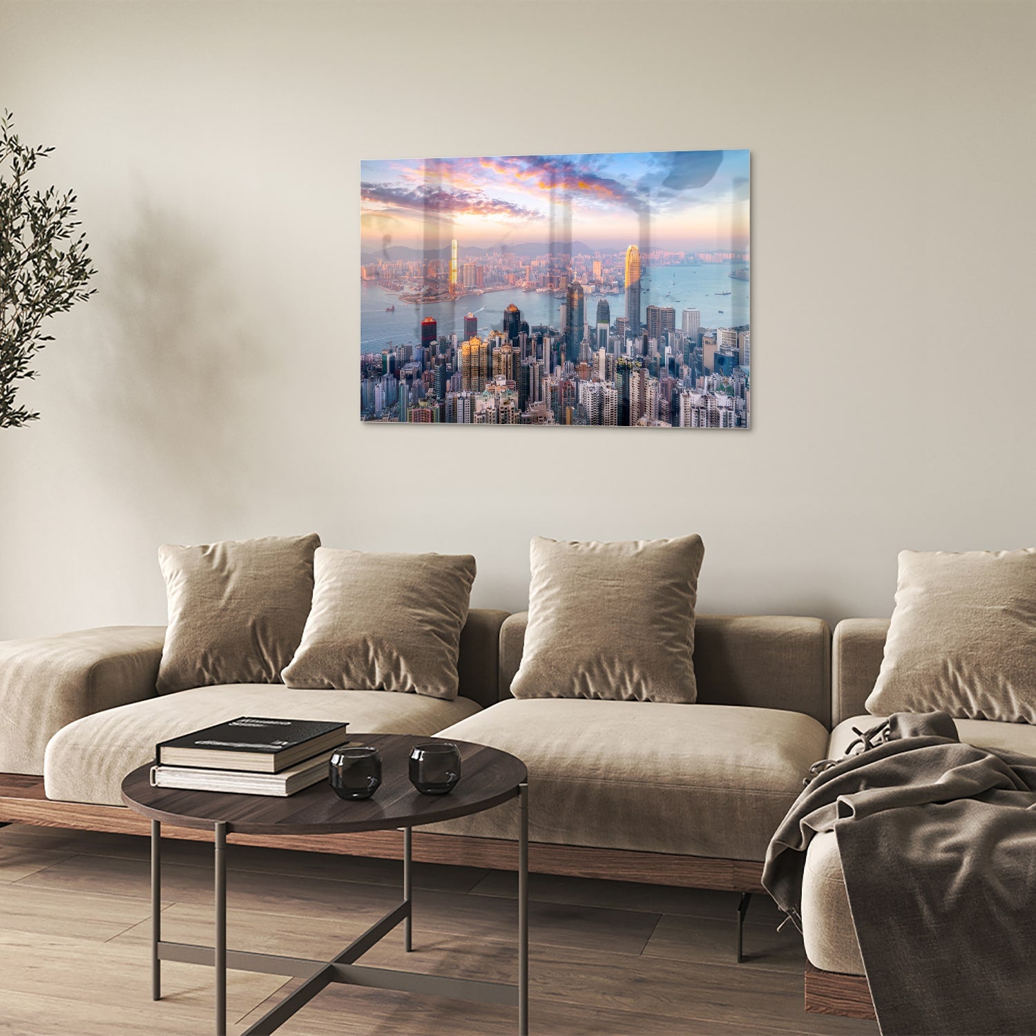 Glazen schilderij van een stadsgezicht met zonsondergang, perfect voor inrichting