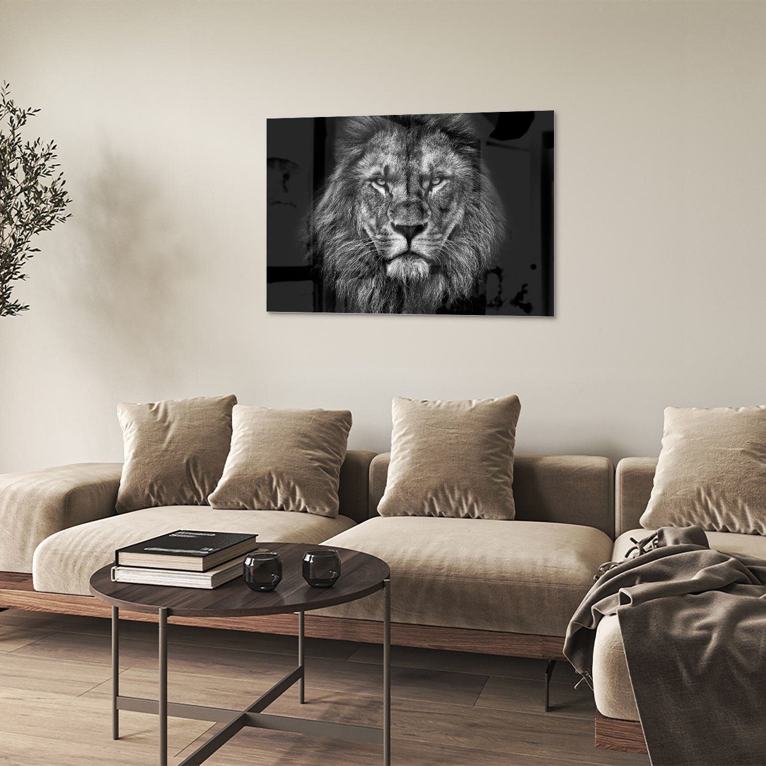Glazen schilderij van een leeuw in zwart-wit, perfect voor wanddecoratie.