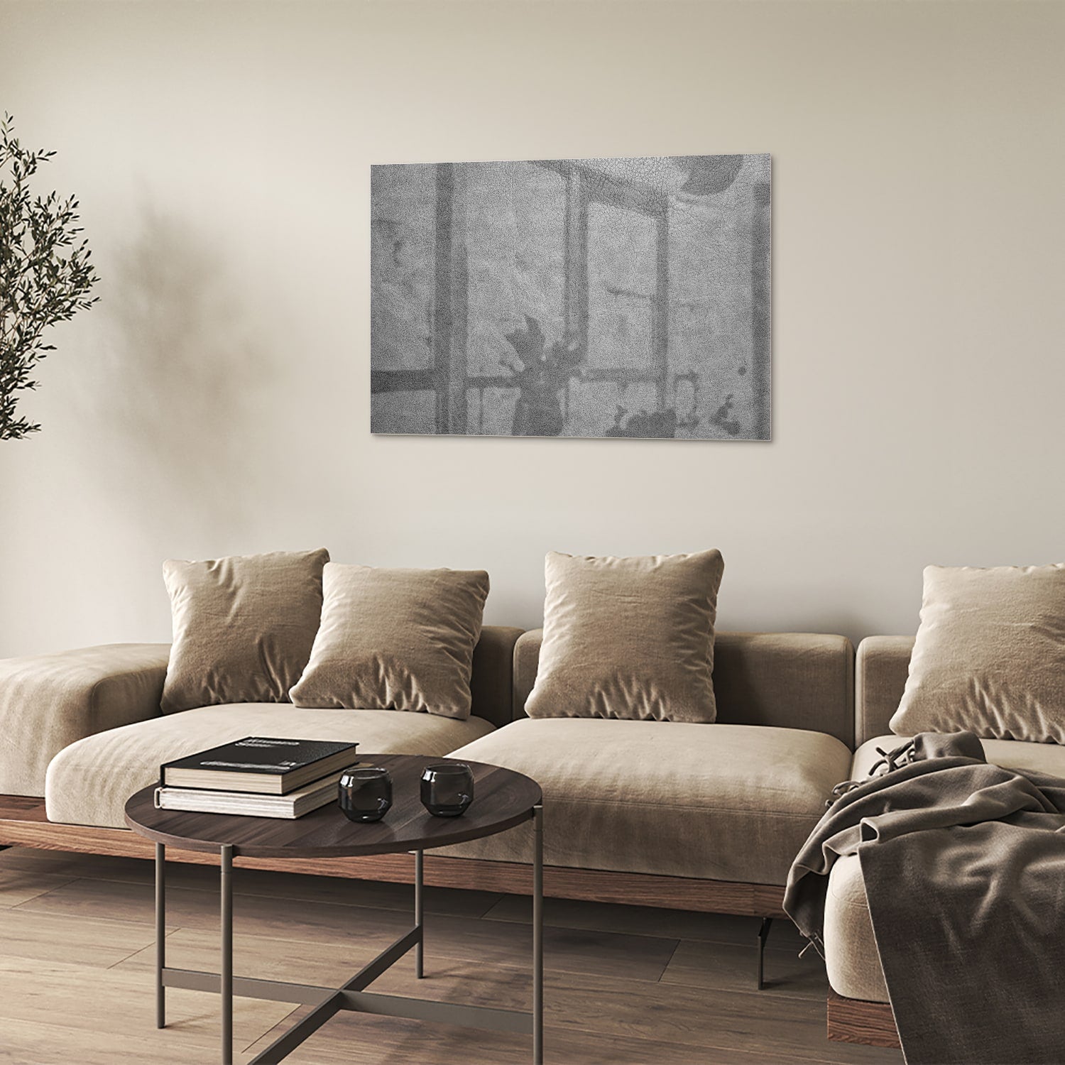 Minimalistisch glazen schilderij met subtiele schaduwen aan de muur