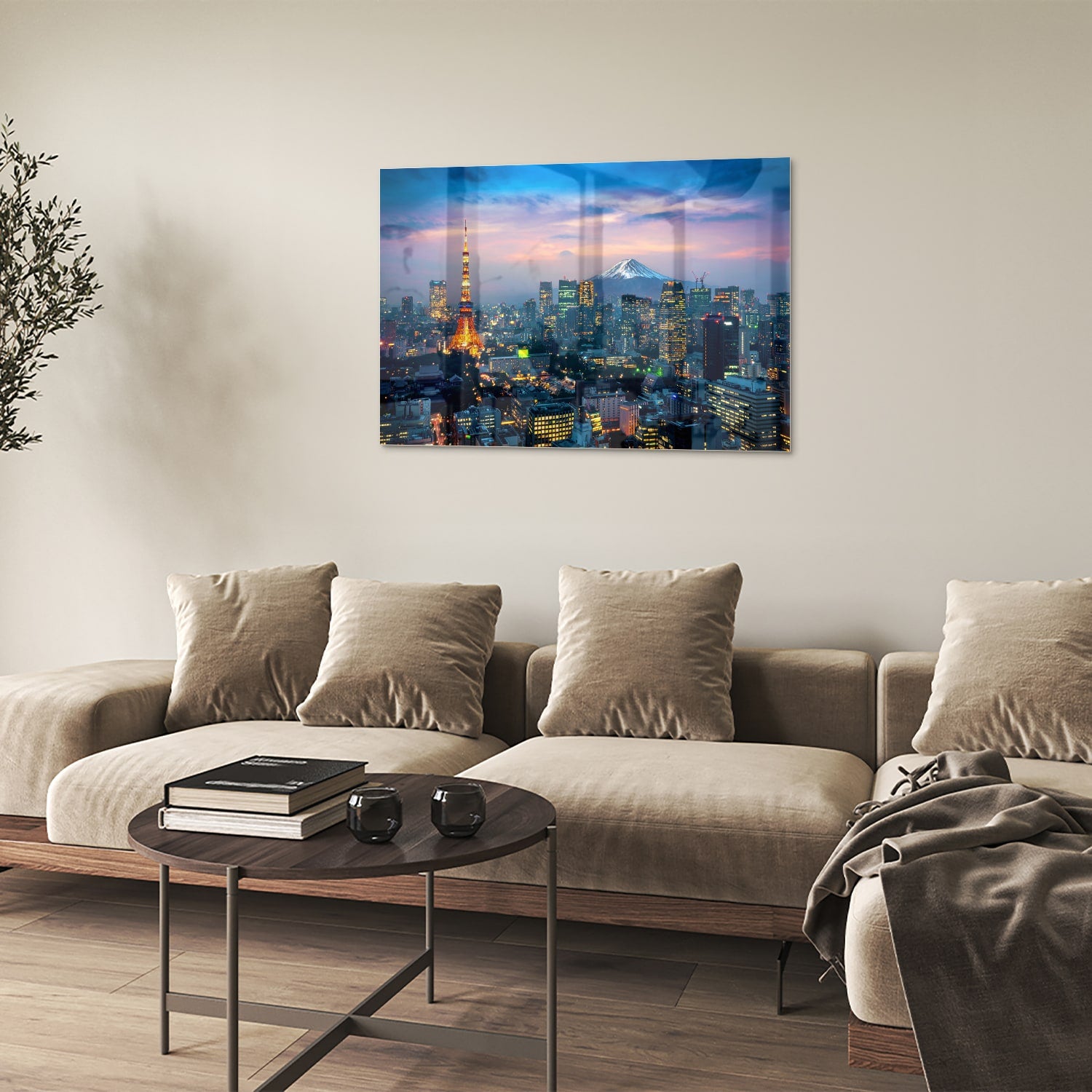Glazen schilderij van Tokyo met de Tokyo Tower en Mount Fuji in de achtergrond