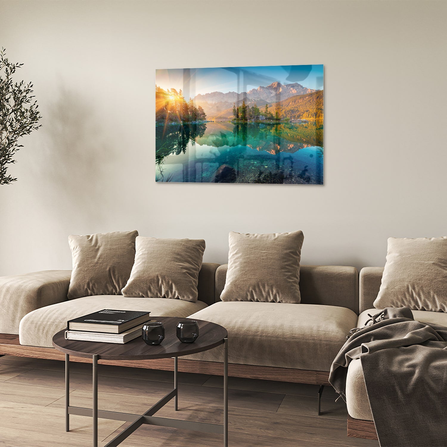 Glazen schilderij van een berglandschap met reflectie in het meer.