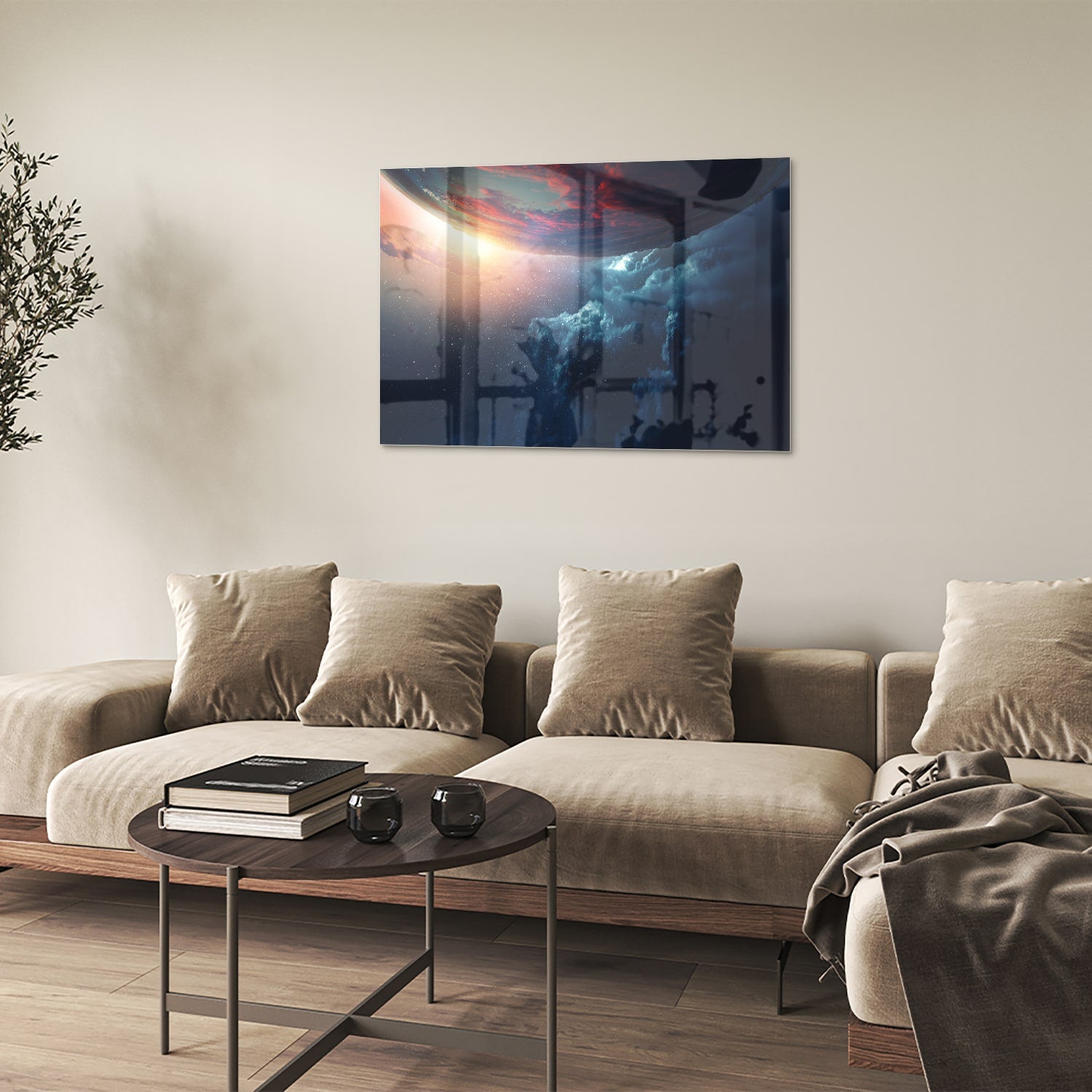 Glazen schilderij met een kosmisch uitzicht en kleurrijke lucht in woonkamer.