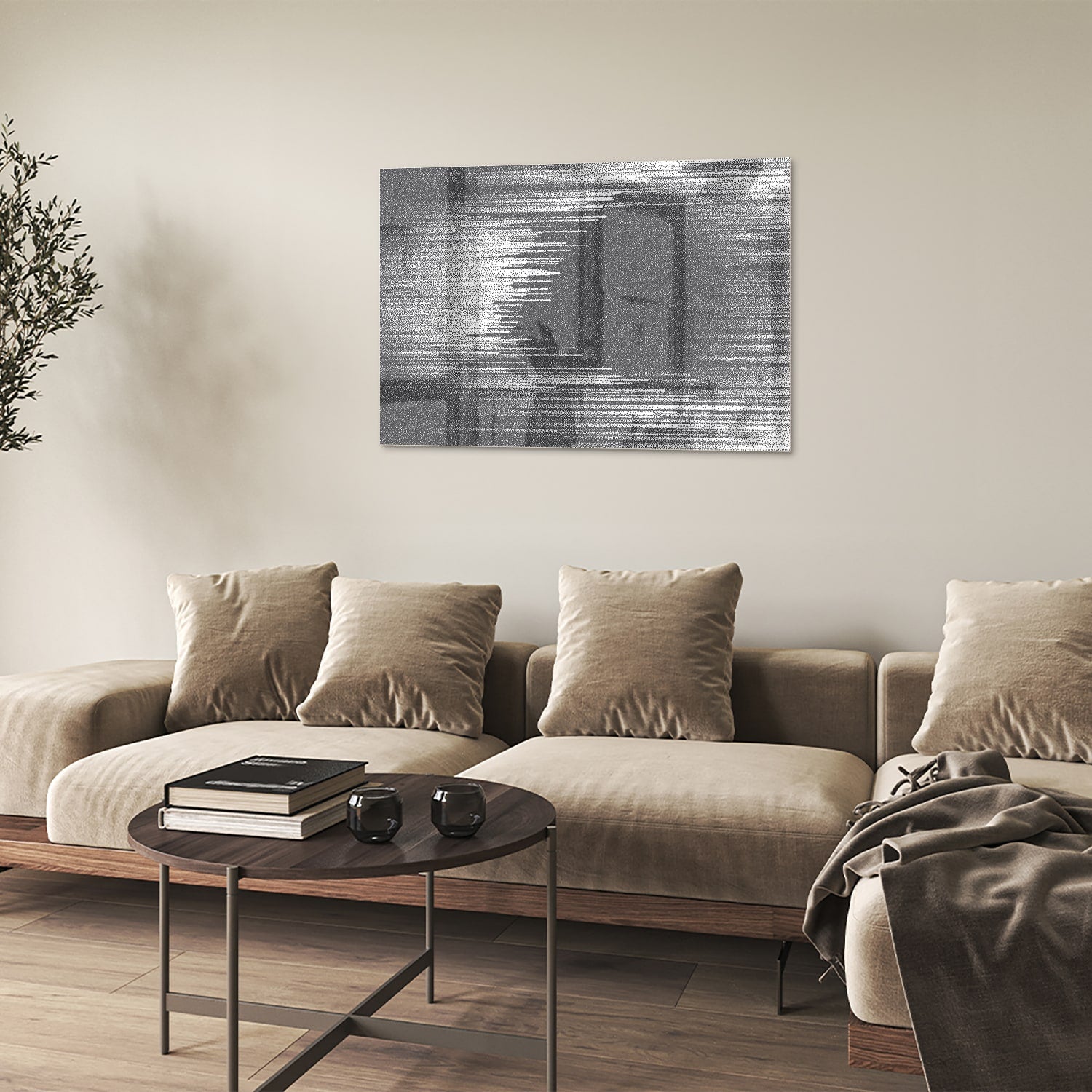 Abstract glazen schilderij in zwart-wit aan de muur met planten