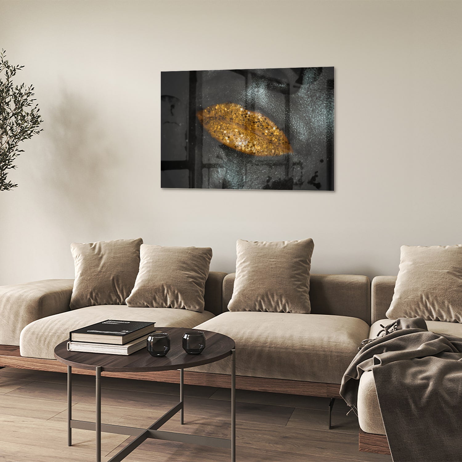 Glazen schilderij met een gouden blad op een zwarte achtergrond, perfect voor moderne interieurs.