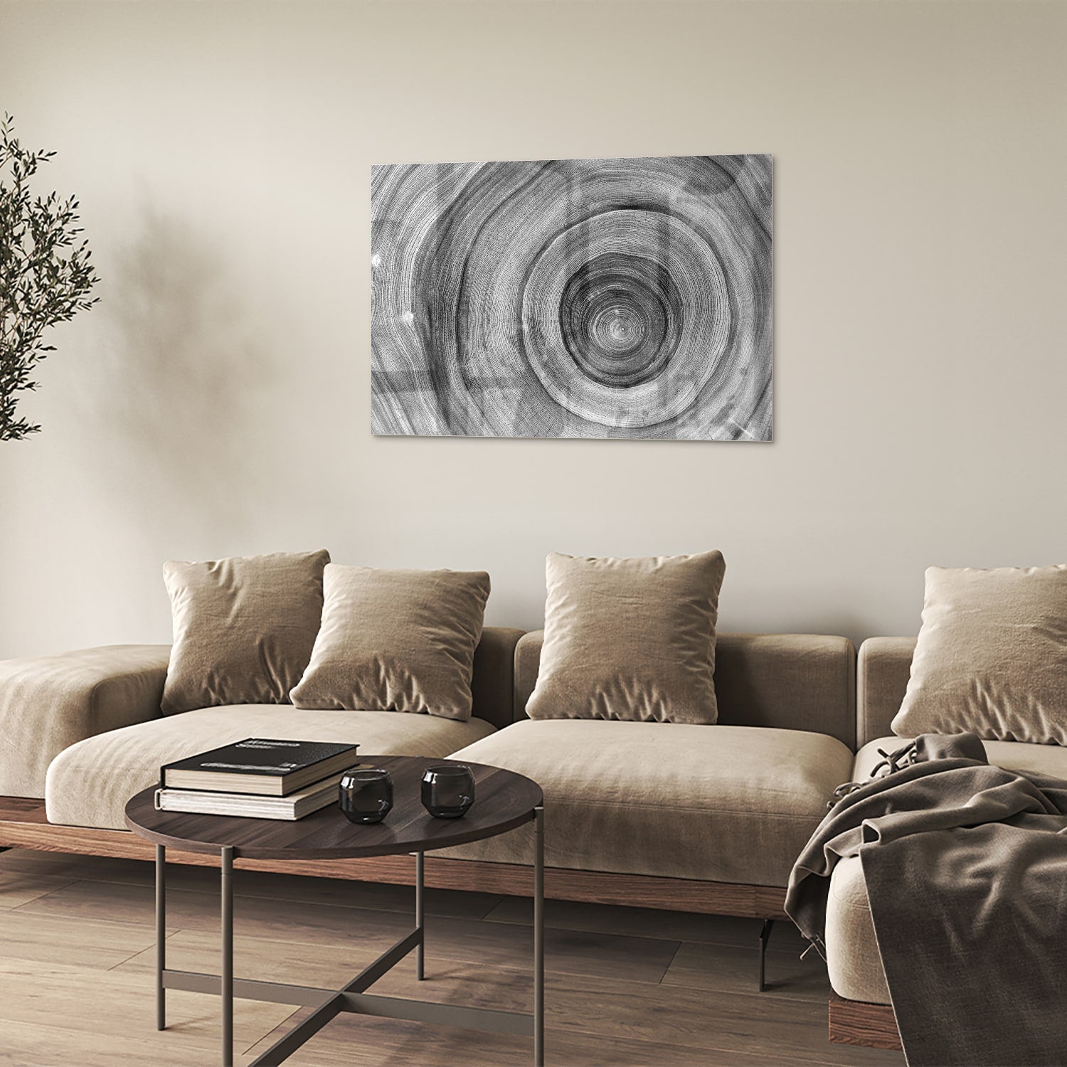 Abstract glazen schilderij in grijstinten met cirkels aan de muur