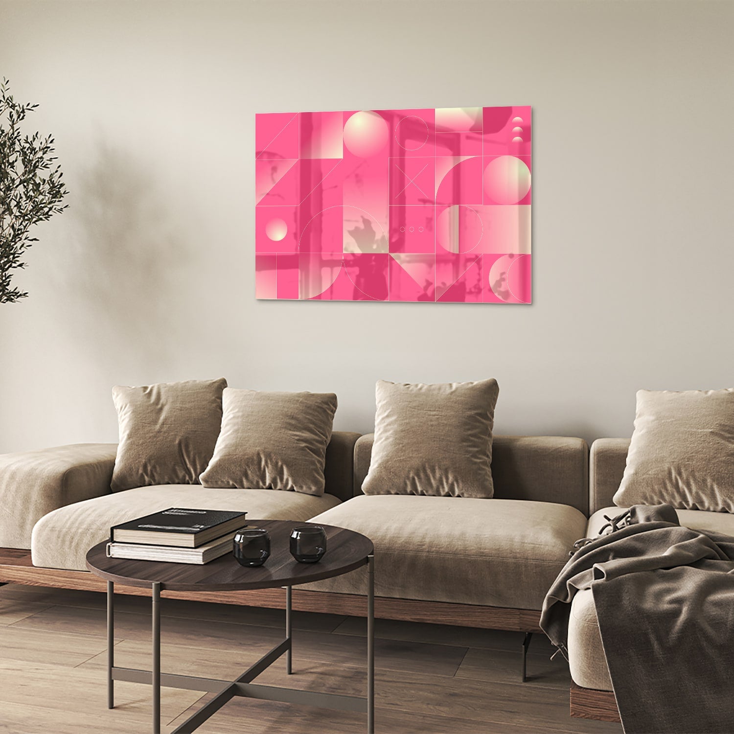 Modern glazen schilderij in frisroze met geometrische vormen.