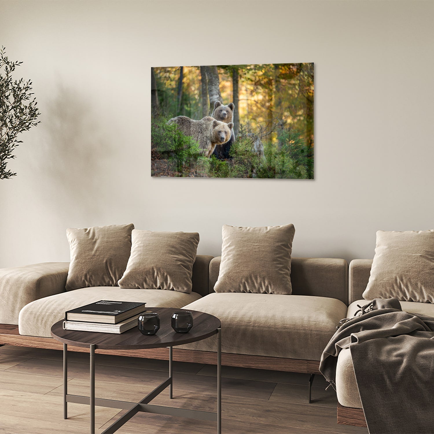 Glazen schilderij met twee schattige beren in een bosrijke omgeving