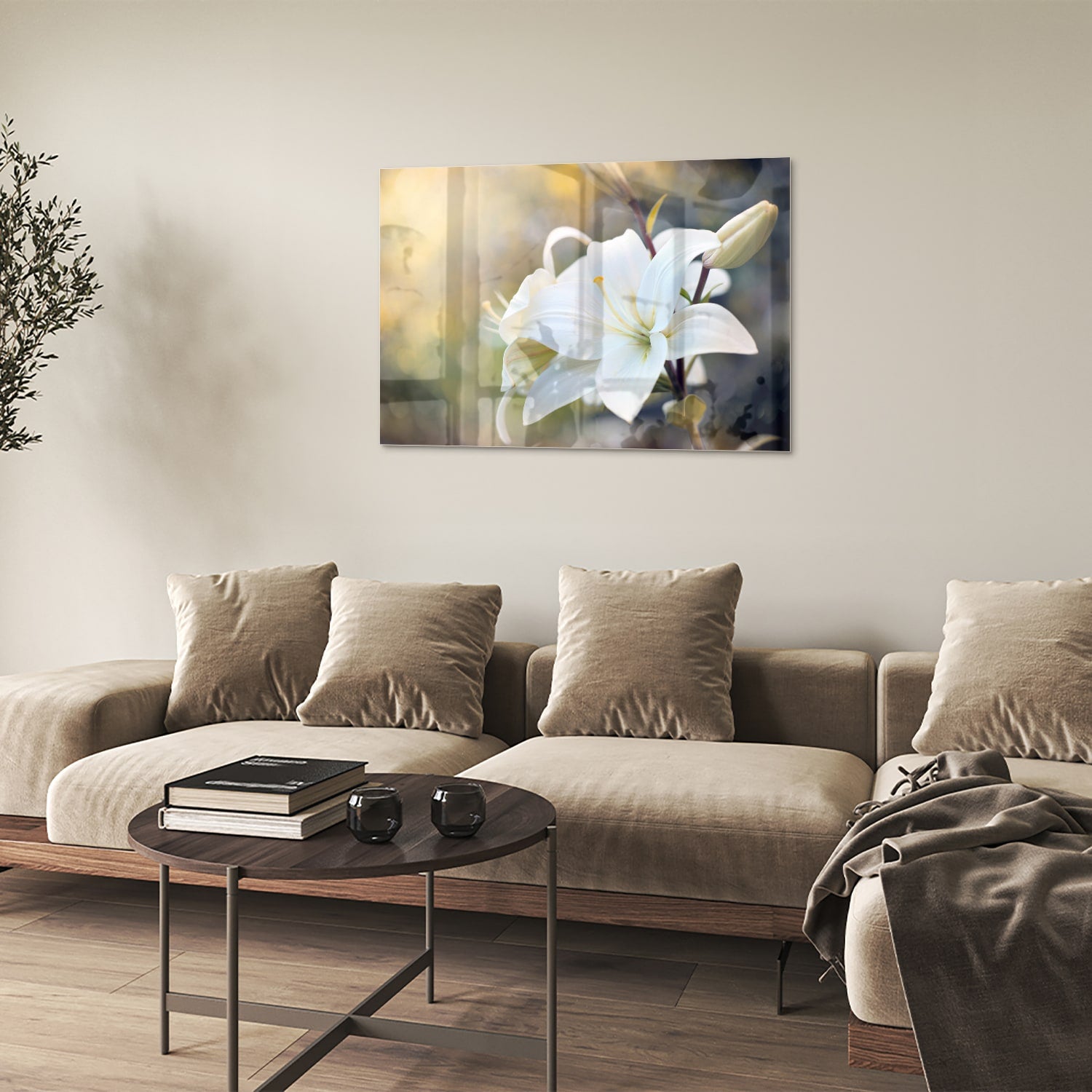 Elegant glazen schilderij van een witte lelie aan de muur
