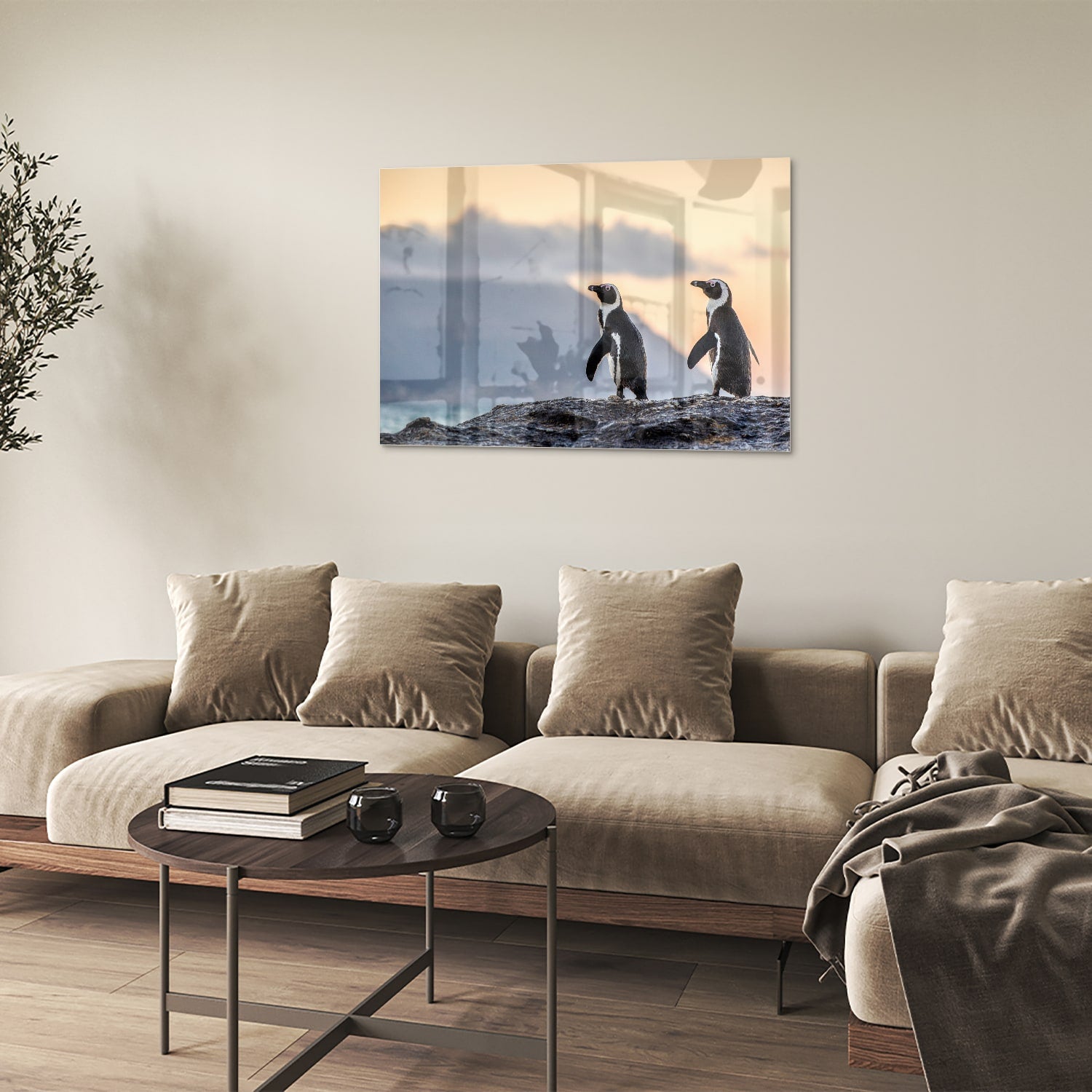 Glazen schilderij van pinguns aan zee met een zonsondergang op de achtergrond