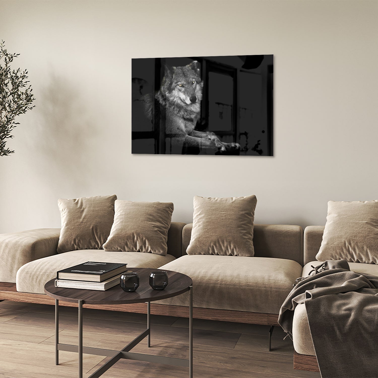 Glas schilderij van een wolf in zwart-wit, perfect voor wanddecoratie.