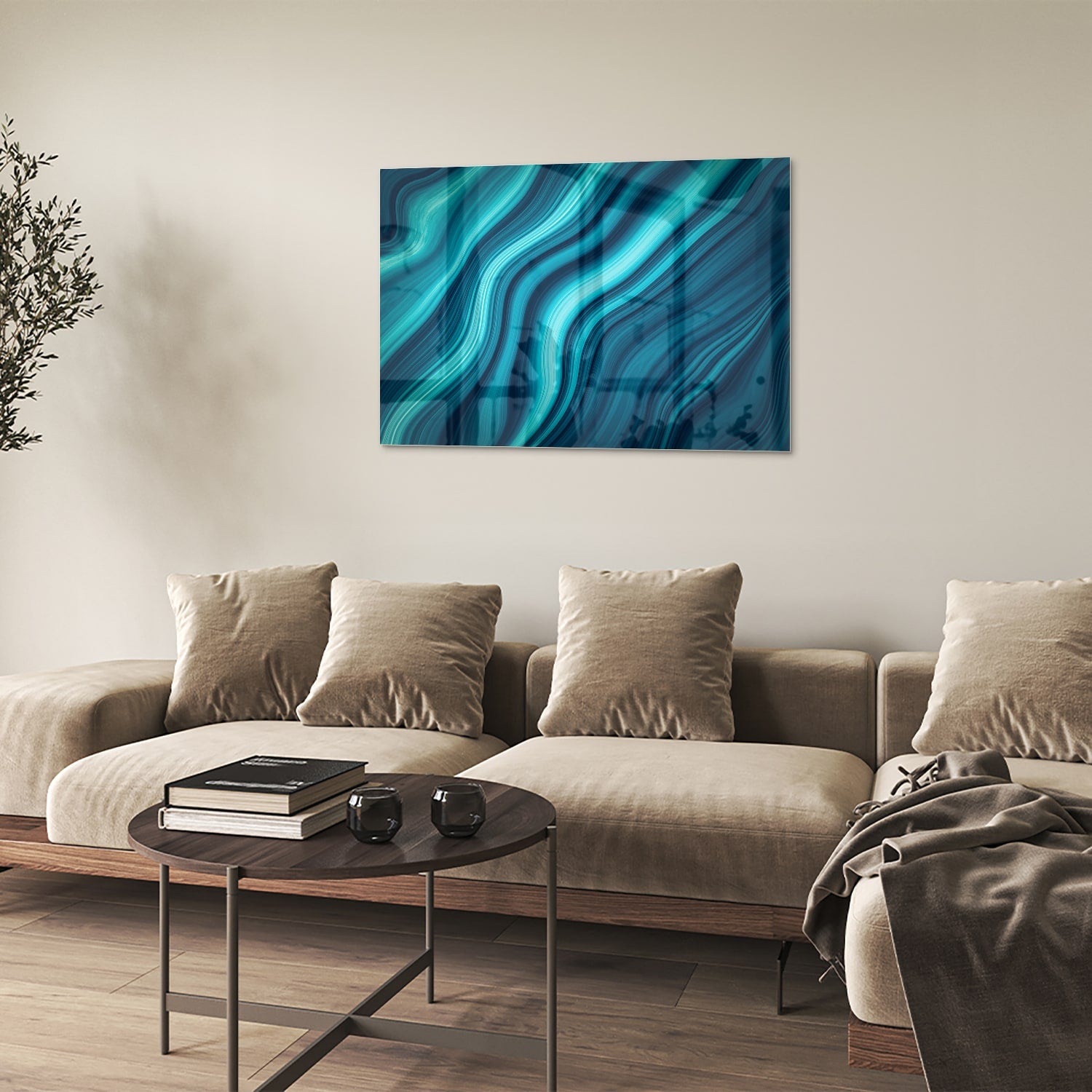 Moderne glazen schilderij met blauwe en groene golven aan de muur