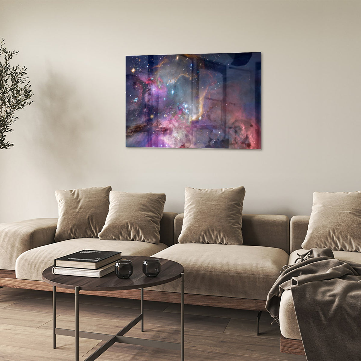 Glazen schilderij met een prachtig universum en sterren op een wand