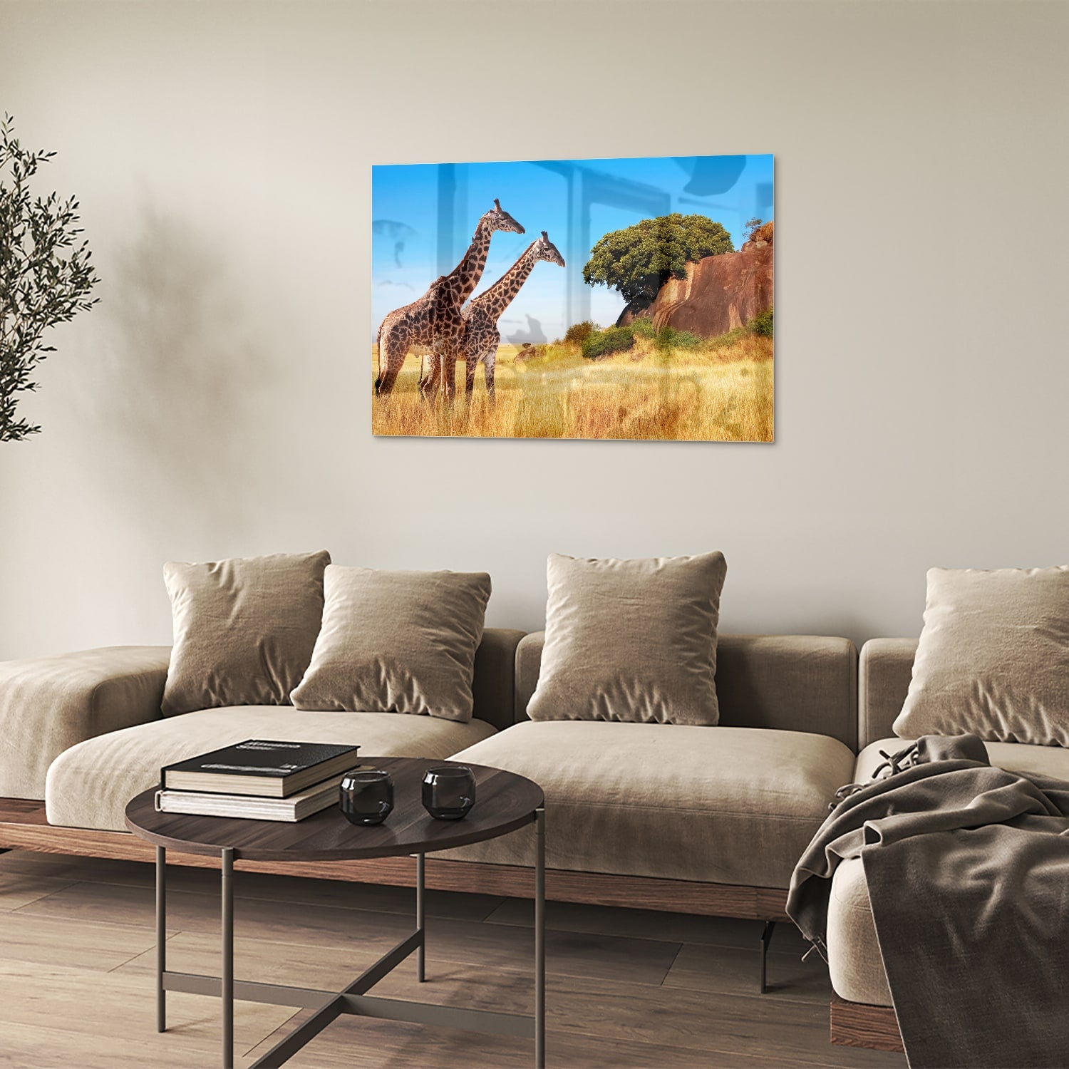 Glazen schilderij van twee giraffen in een Afrikaans landschap