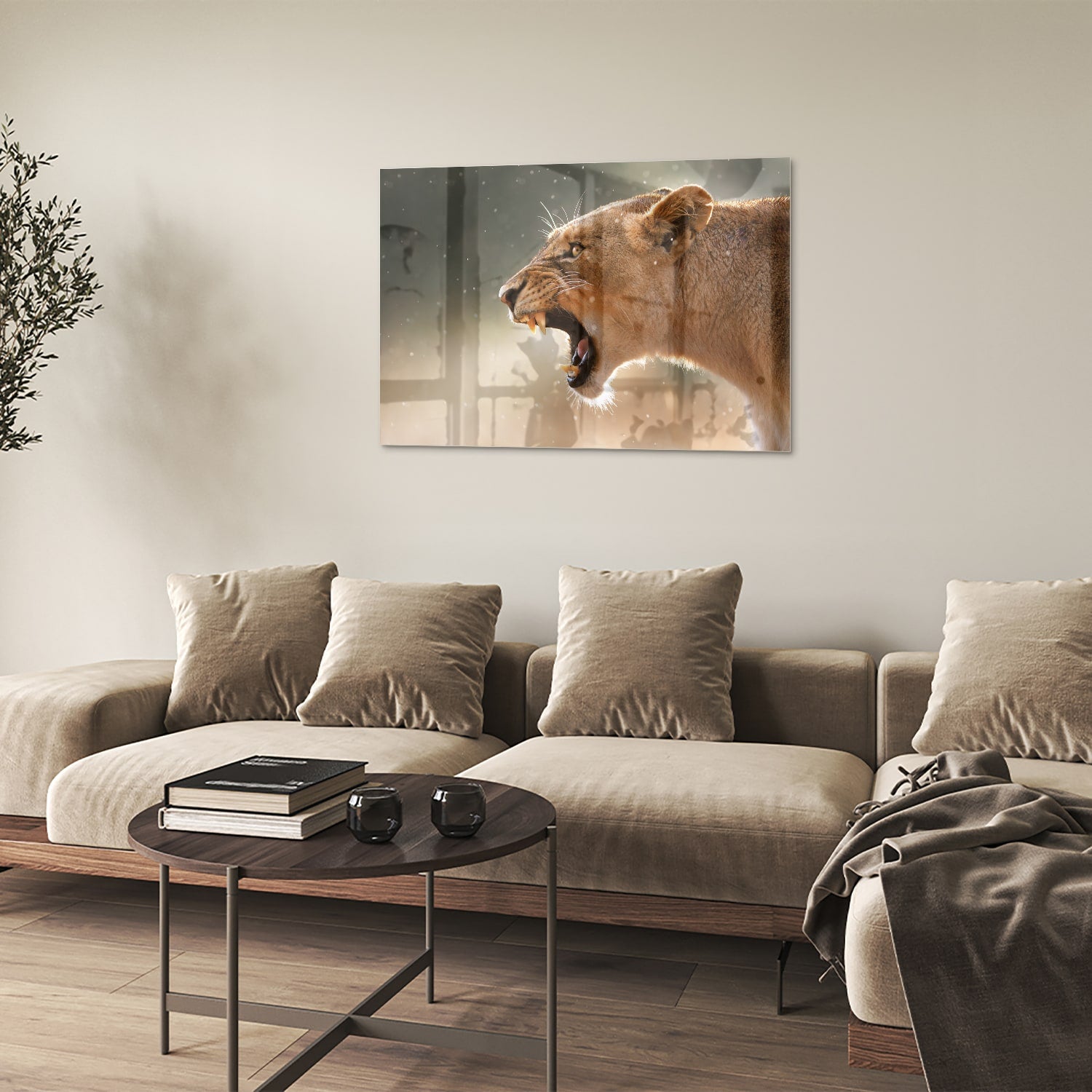 Glazen schilderij van een brullende leeuw, bijzonder kunstwerk voor aan de muur.