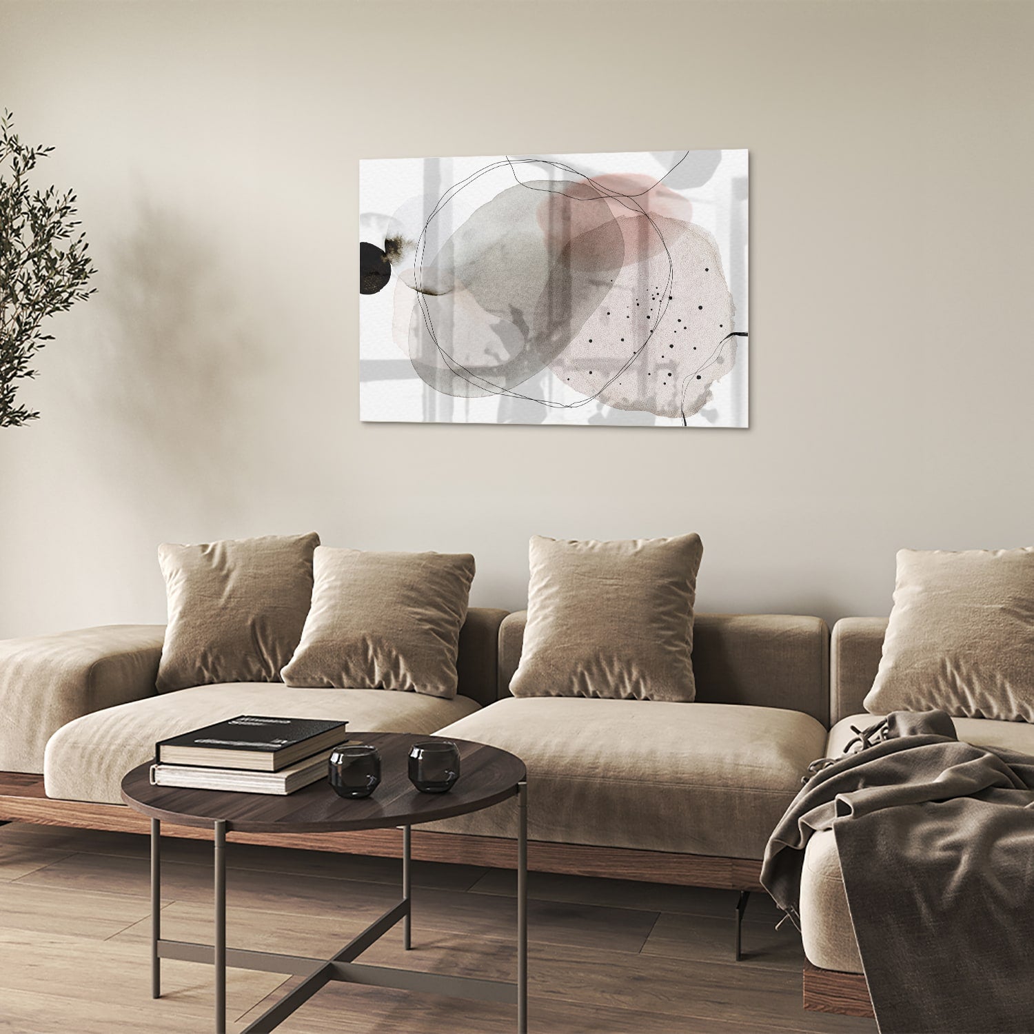 Abstract glazen schilderij met zachte pastelkleuren en organische vormen
