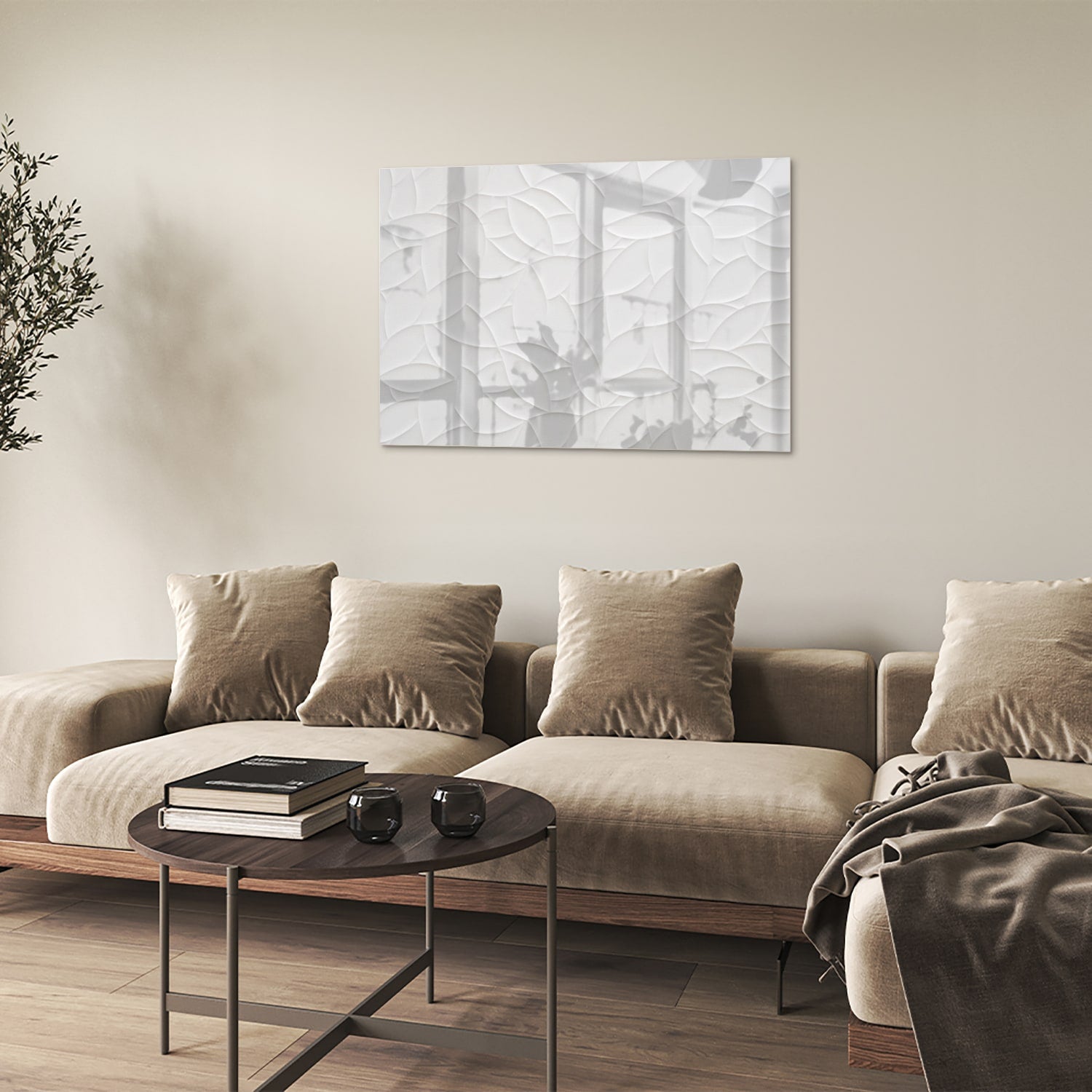 Glazen schilderij met textuur in wit, perfect voor moderne interieurs.