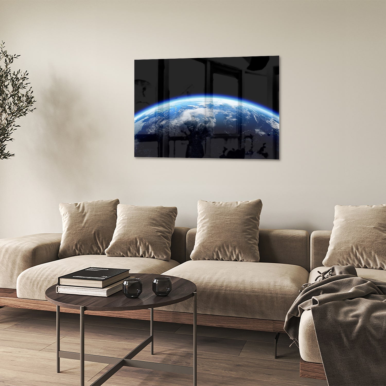 Glazen schilderij met een afbeelding van de aarde en blauwe lucht, perfect voor een moderne inrichting.