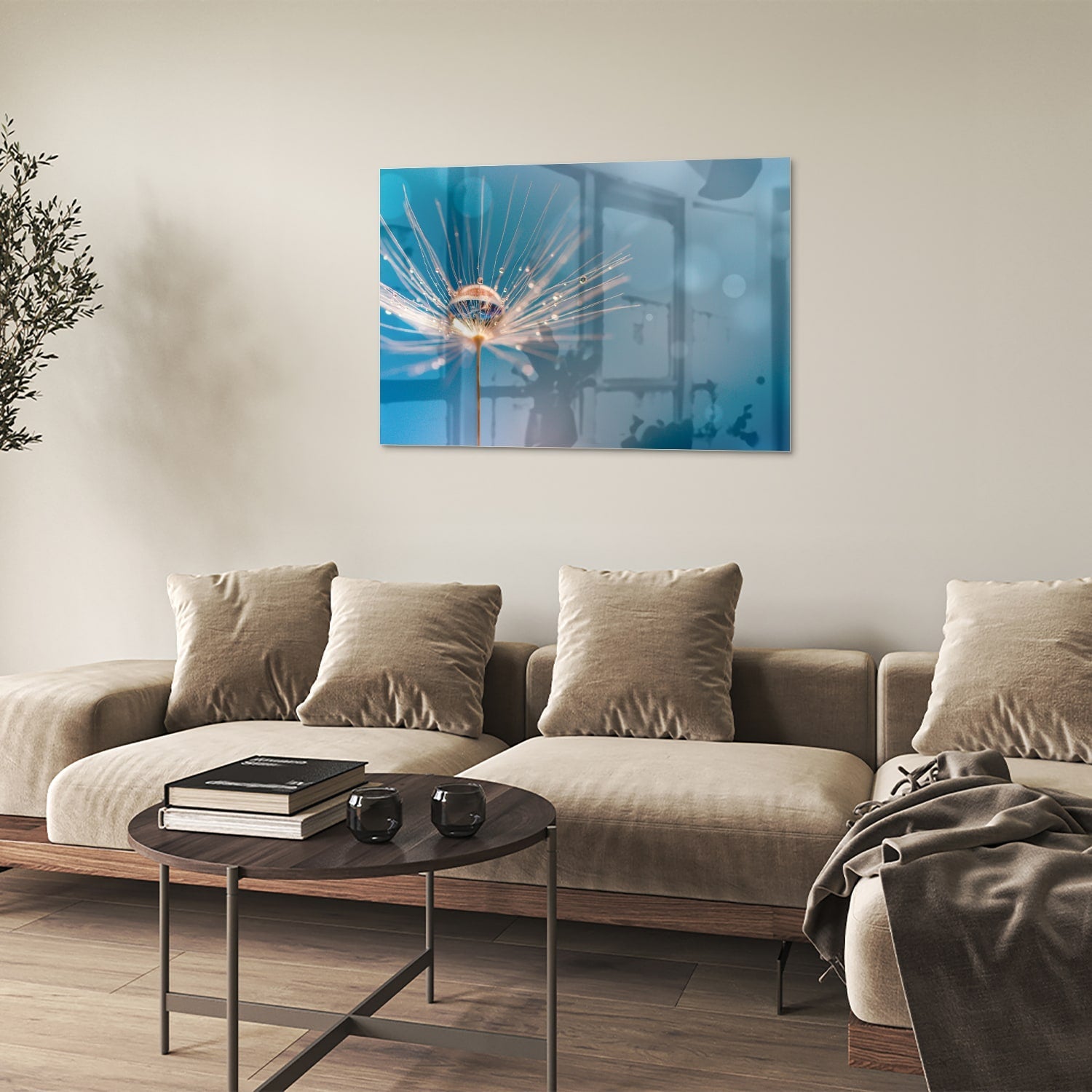 Glazen schilderij van een dandelion op een blauwe achtergrond