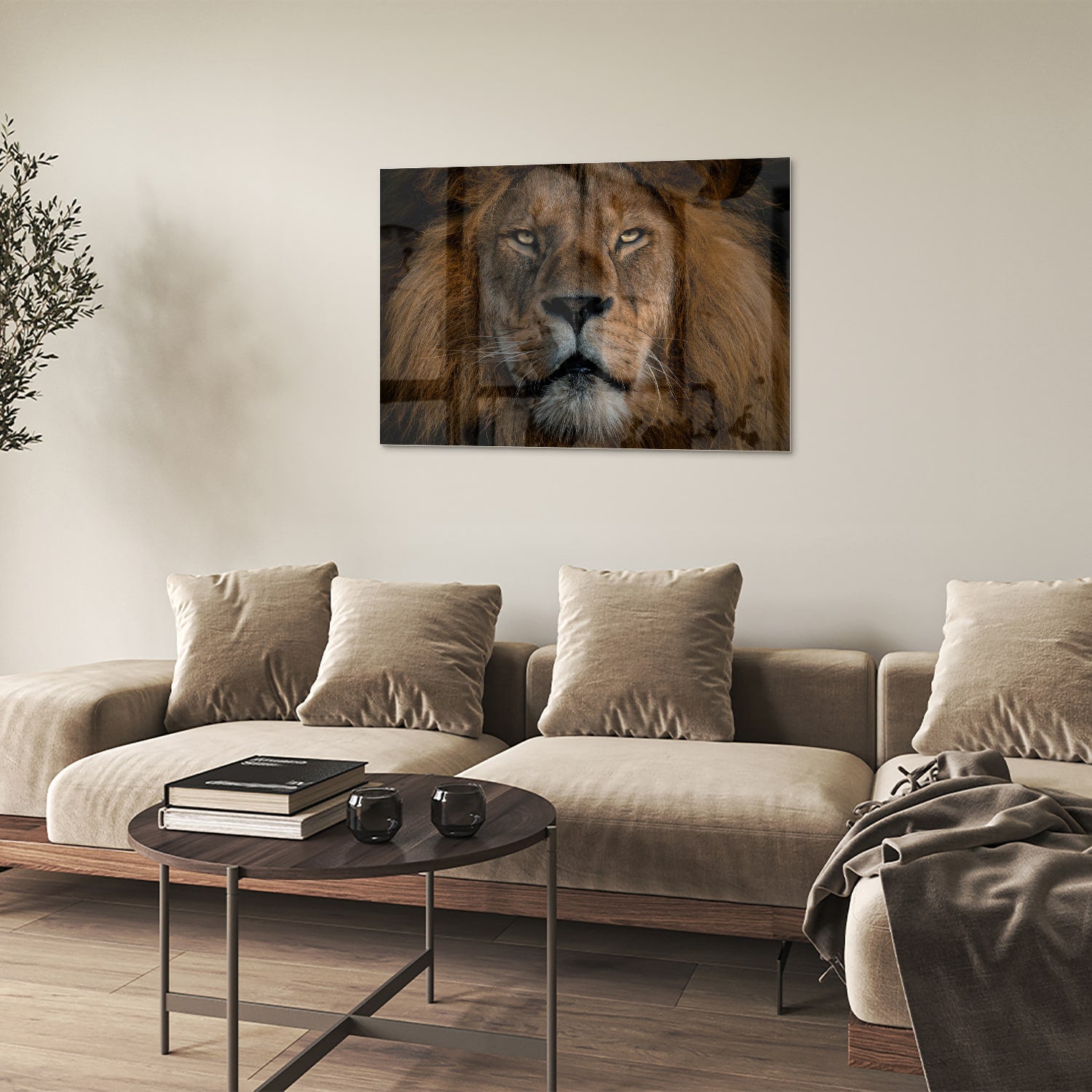 Glazen schilderij van een leeuw, een krachtige uitstraling voor de wand.