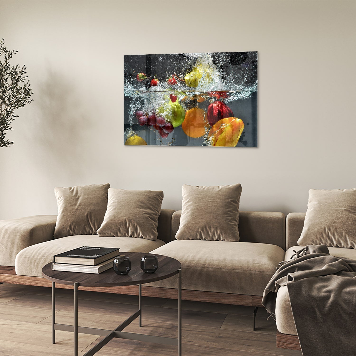 Glazen schilderij met kleurrijk fruit en sprankelend water