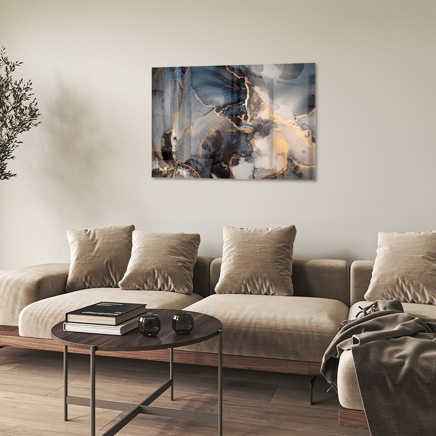 Elegant glazen schilderij met blauwe en gouden abstracte lagen