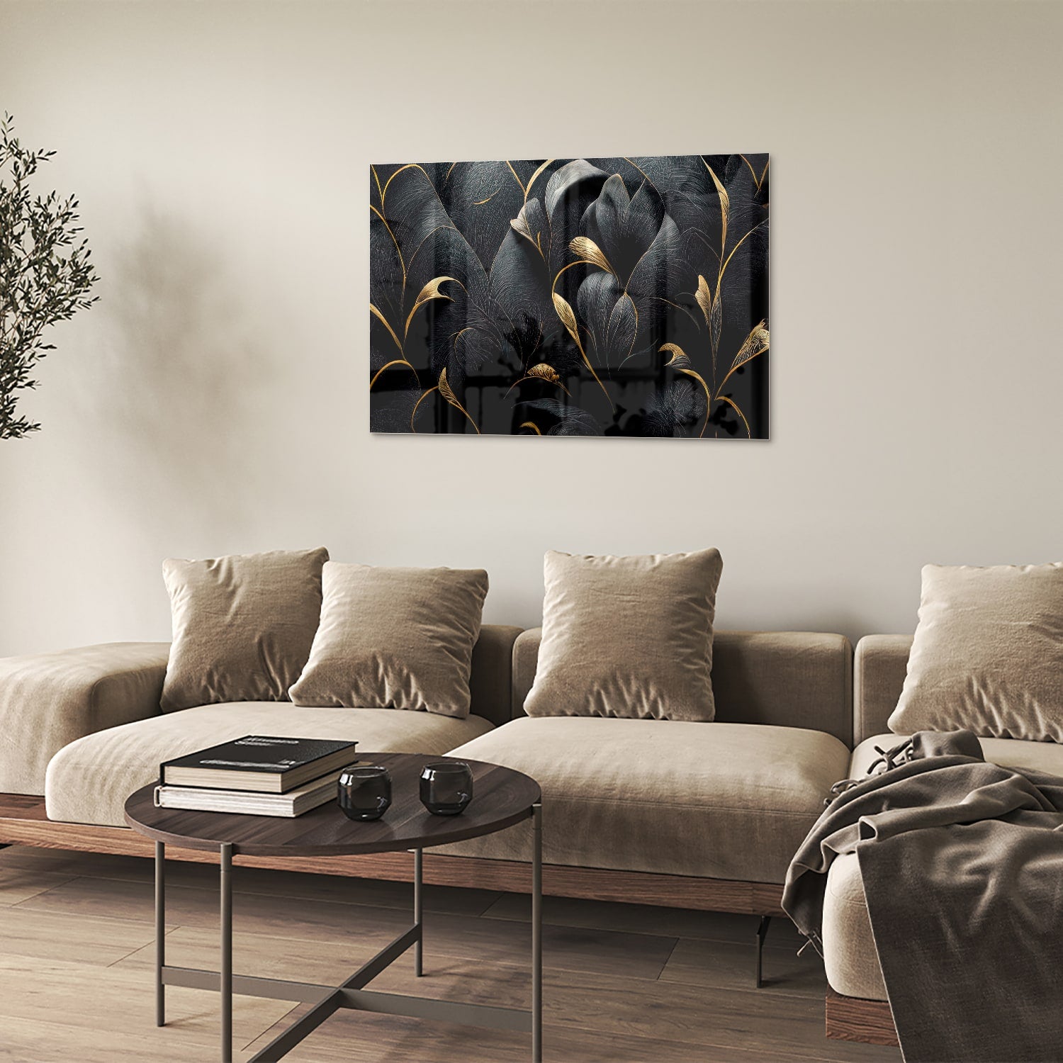 Glazen schilderij met gouden bladeren op een zwarte achtergrond, perfect voor interieur decoratie.