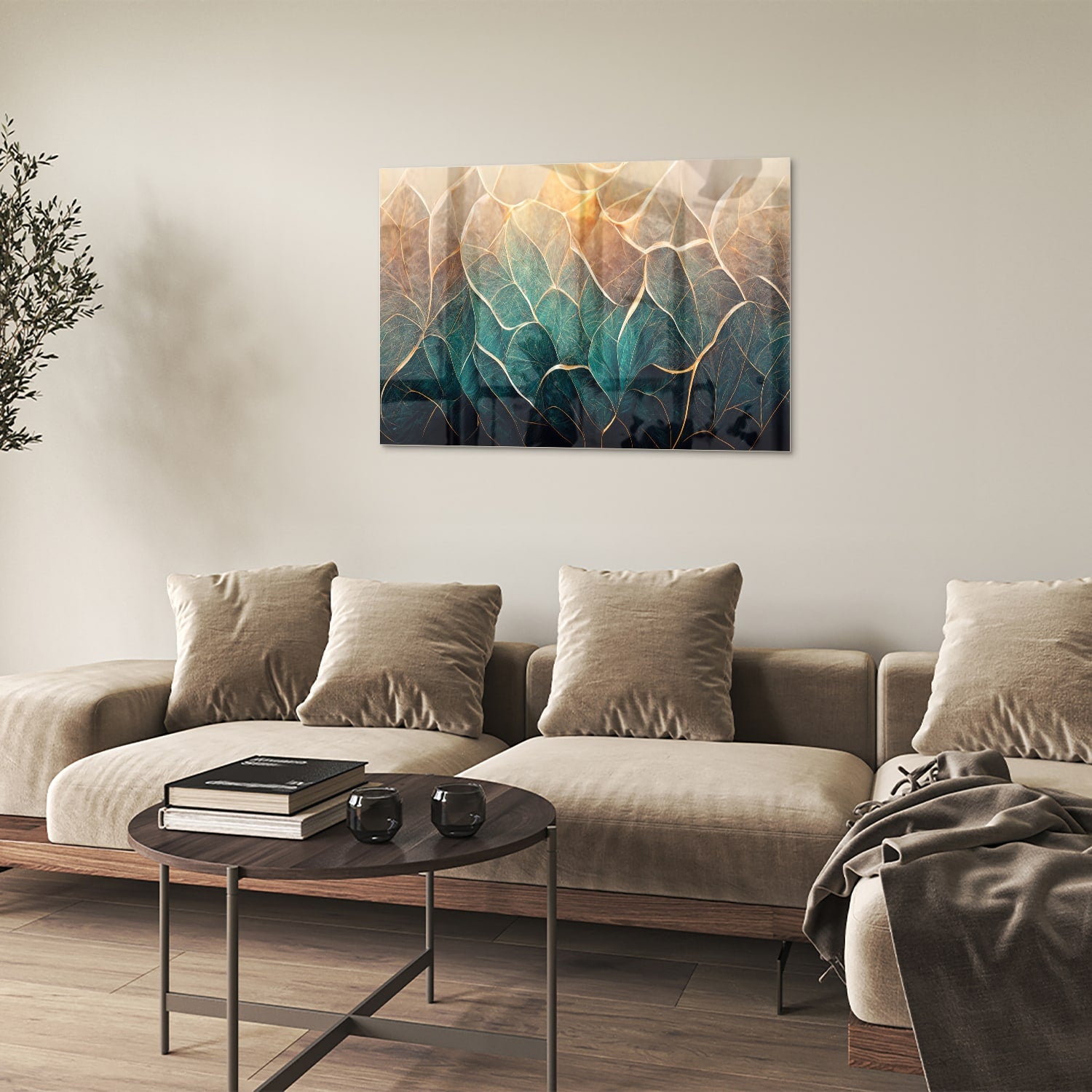 Prachtig glazen schilderij met bladeren in turquoise en gouden lijnen.