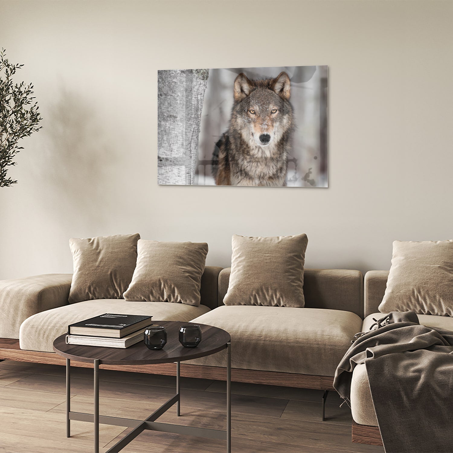 Glazen schilderij van een wolf met indrukwekkende blik in een interieur