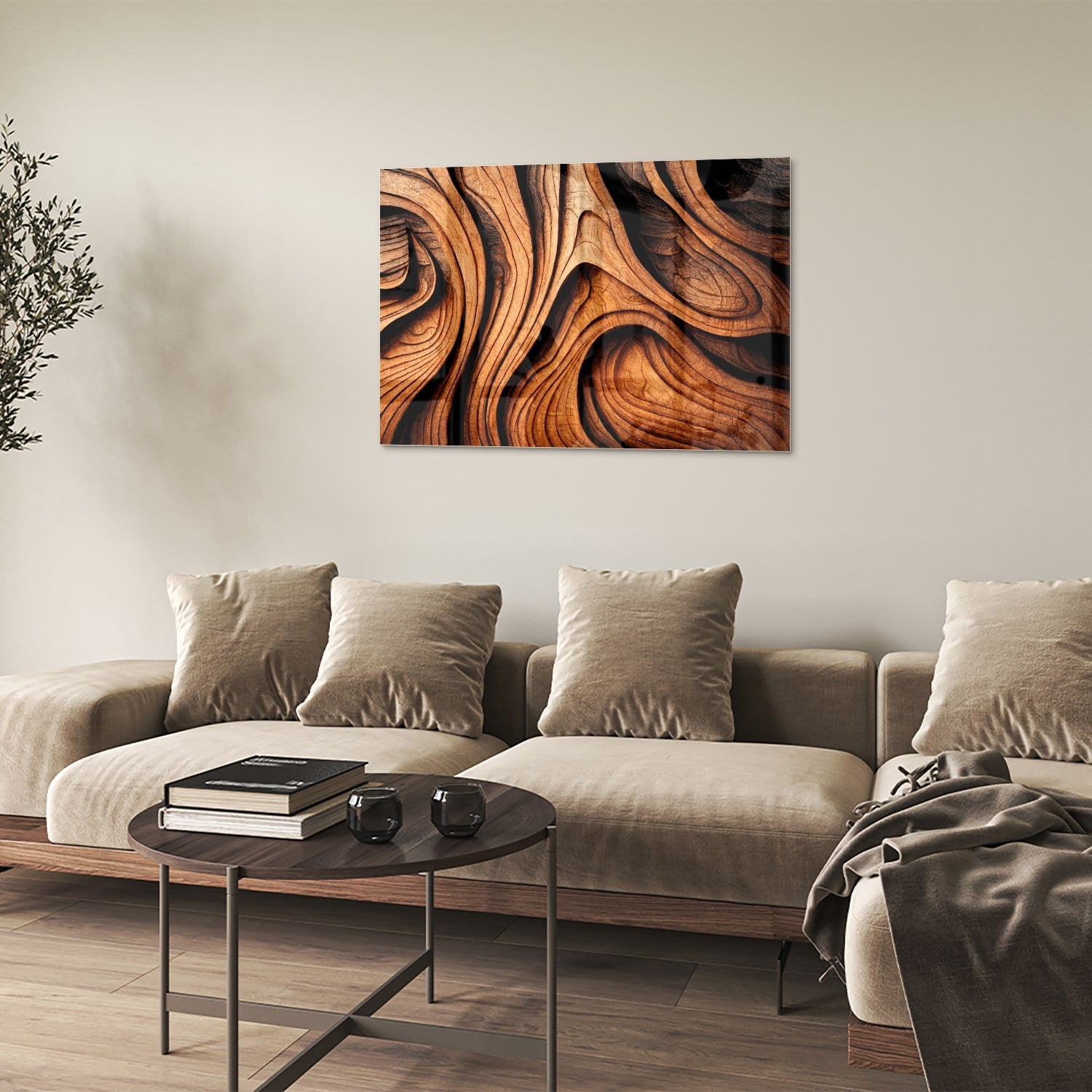 Glas schilderij met houtstrukturen in warme tinten, perfect voor wanddecoratie.