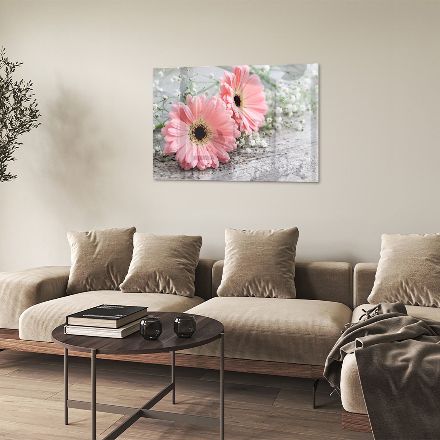 Roze gerbera's op een glazen schilderij, ideaal voor je woonkamer