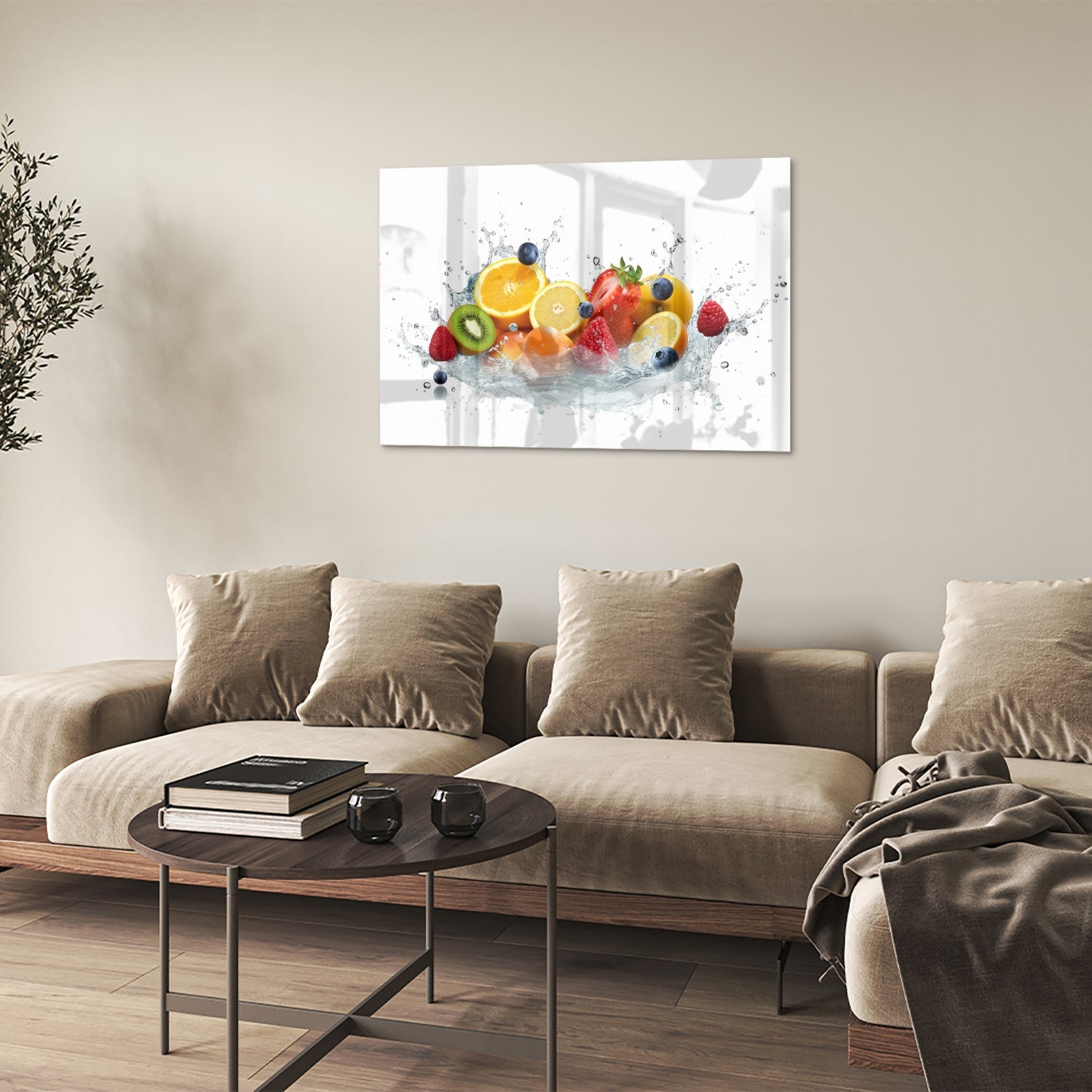Glazen schilderij van een kleurrijke fruitcompositie aan een muur.