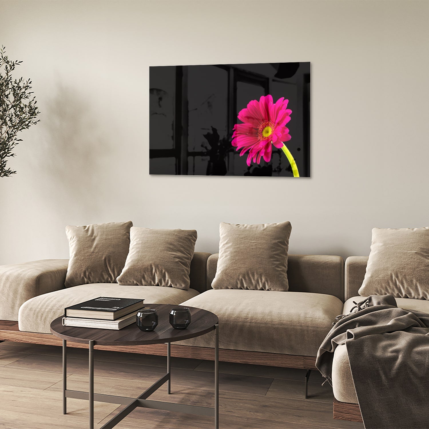 Glazen schilderij van een roze gerbera op zwarte achtergrond, perfect voor decoratie