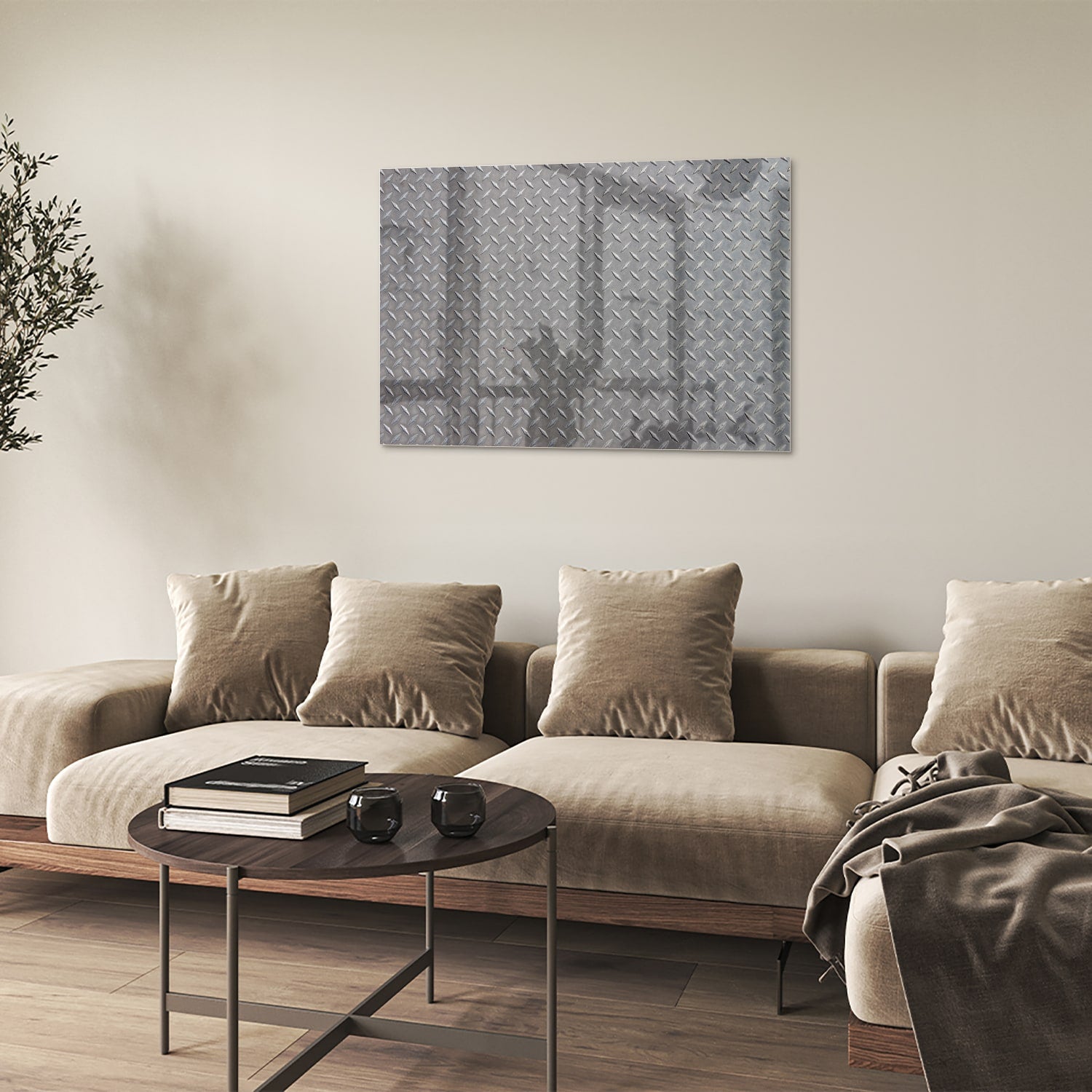 Industrile glazen schilderij met ruitpatroon aan de muur in een modern interieur.
