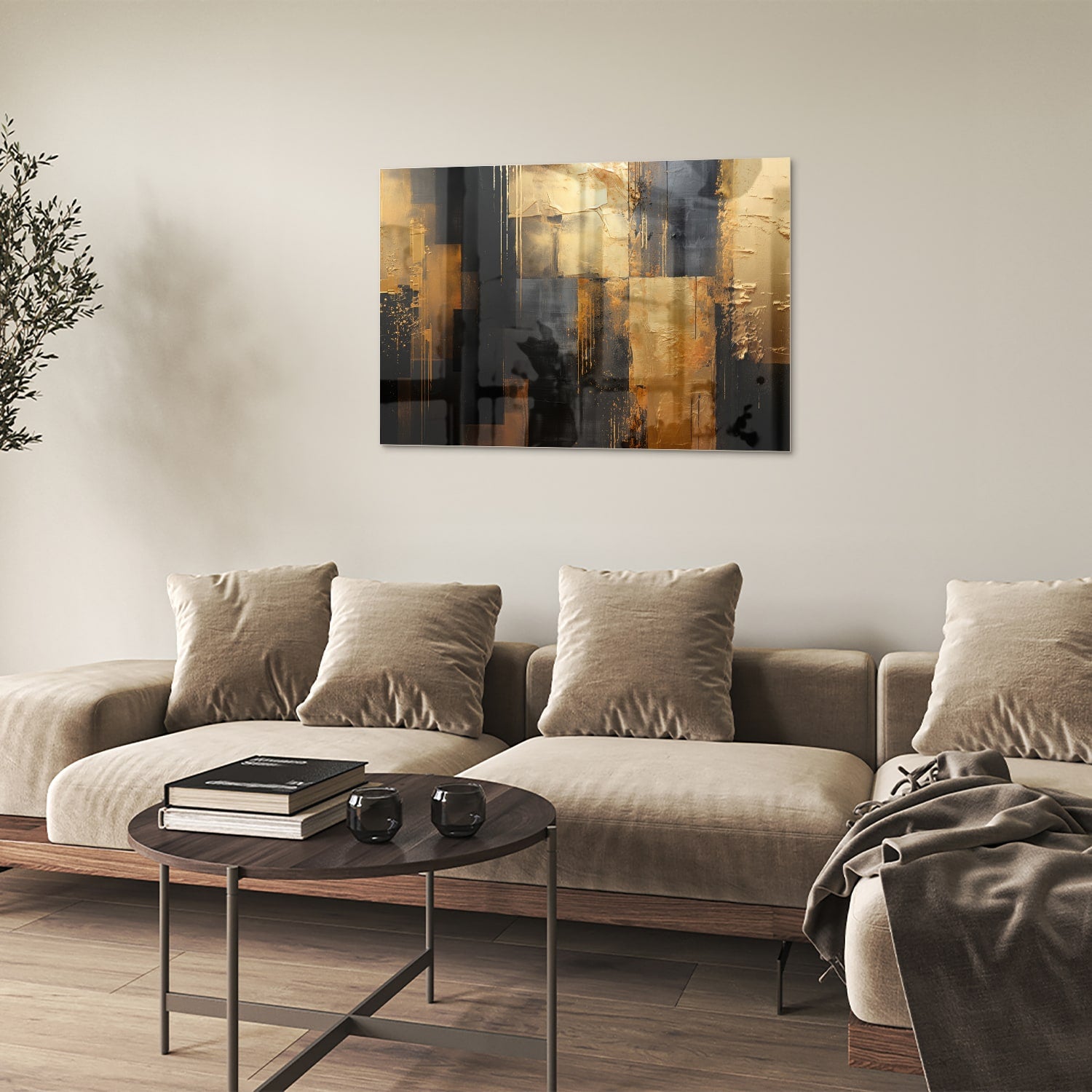Abstract glazen schilderij in goud en zwart, perfect voor moderne interieurs.