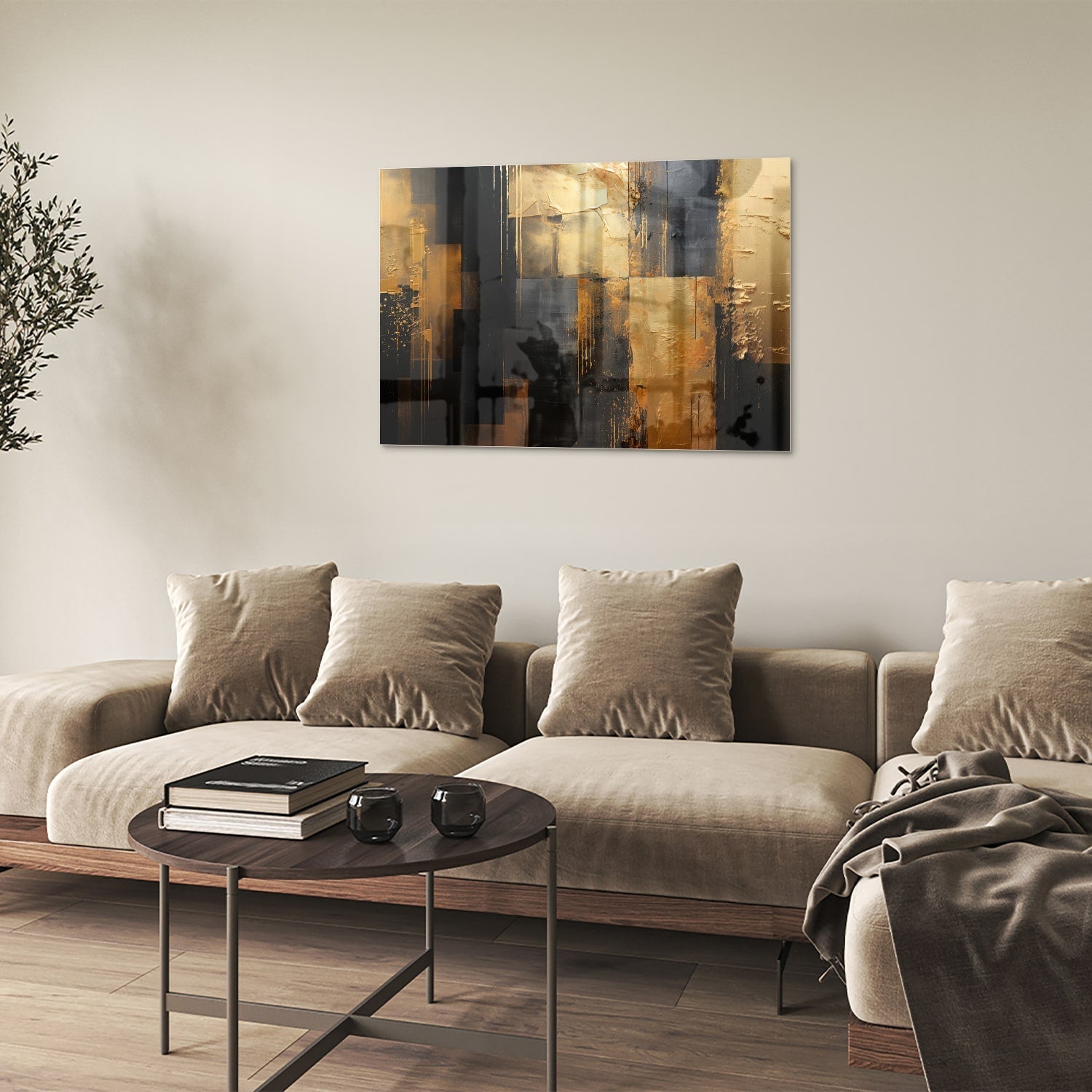 Abstract glazen schilderij in goud en zwart, perfect voor moderne interieurs.