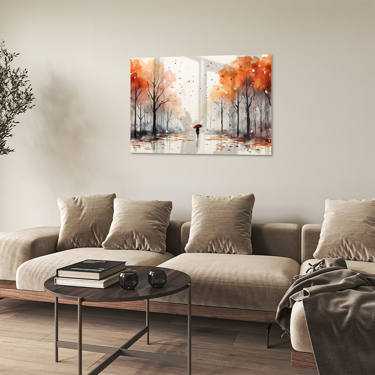 Glazen schilderij van een herfstlandschap met een wandelaar en kleurrijke bomen.