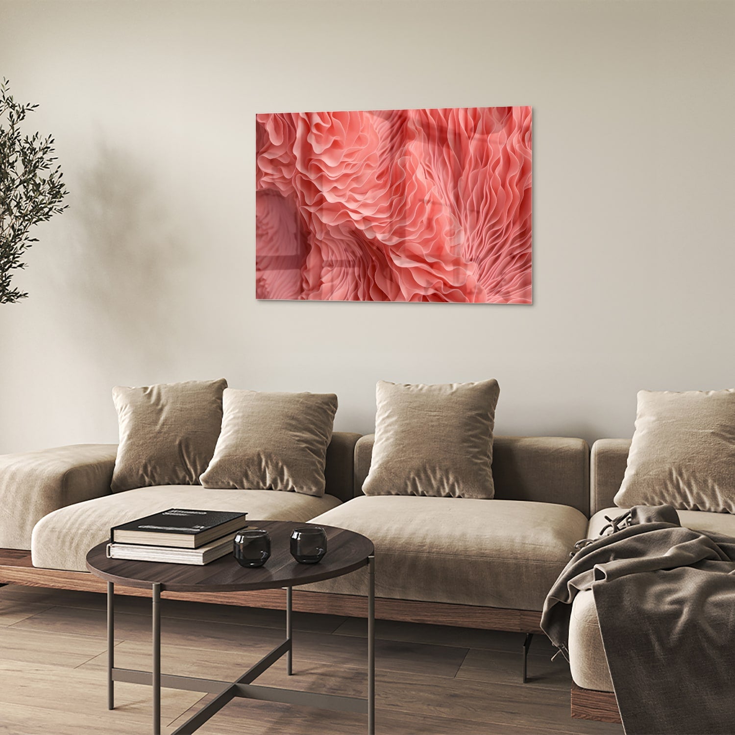 Abstract glazen schilderij in roze met golvende patronen, perfect voor wanddecoratie.