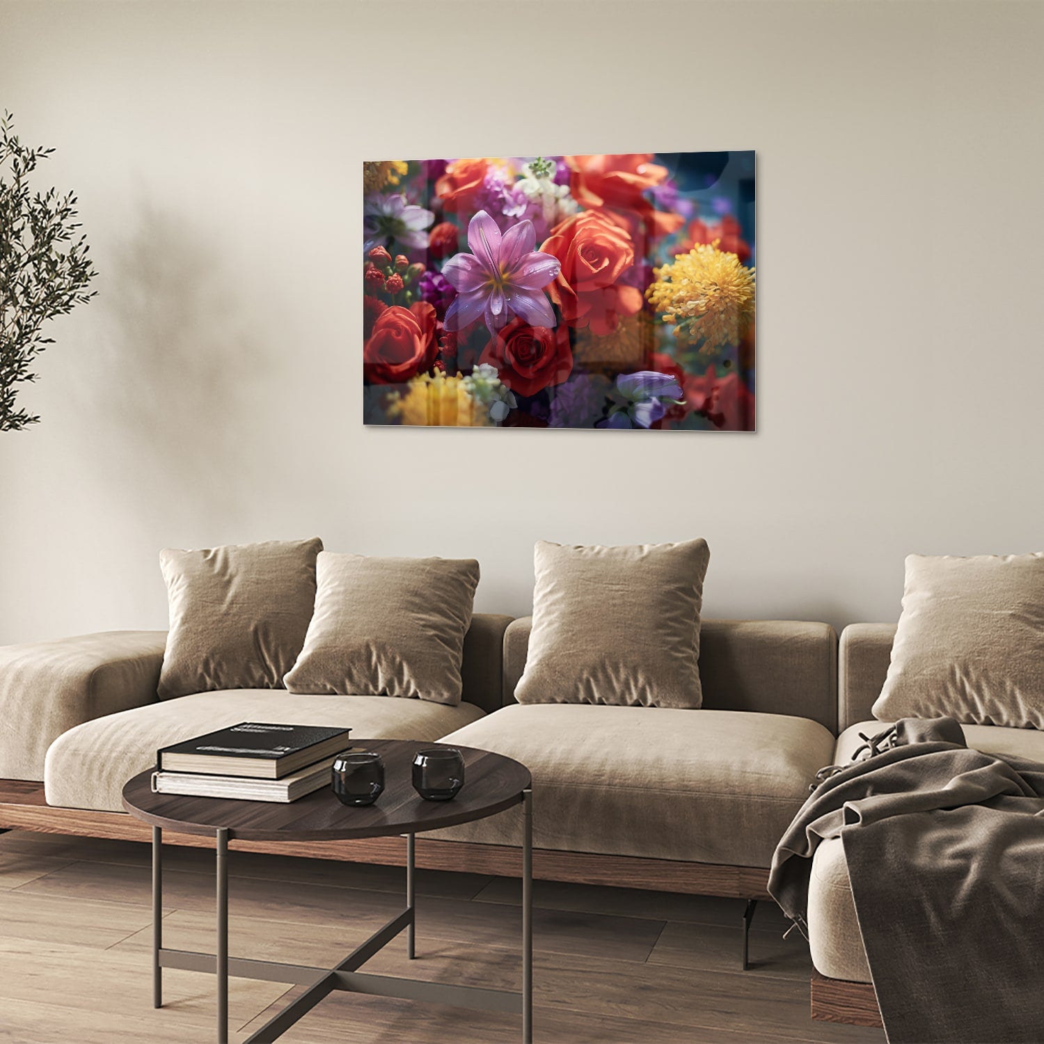 Kleurrijk glazen schilderij met een prachtige bloemencompositie.