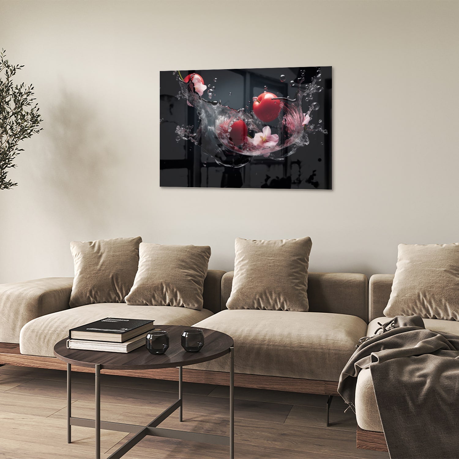 Glazen schilderij met roze bloemen en waterdruppels op een zwarte achtergrond.