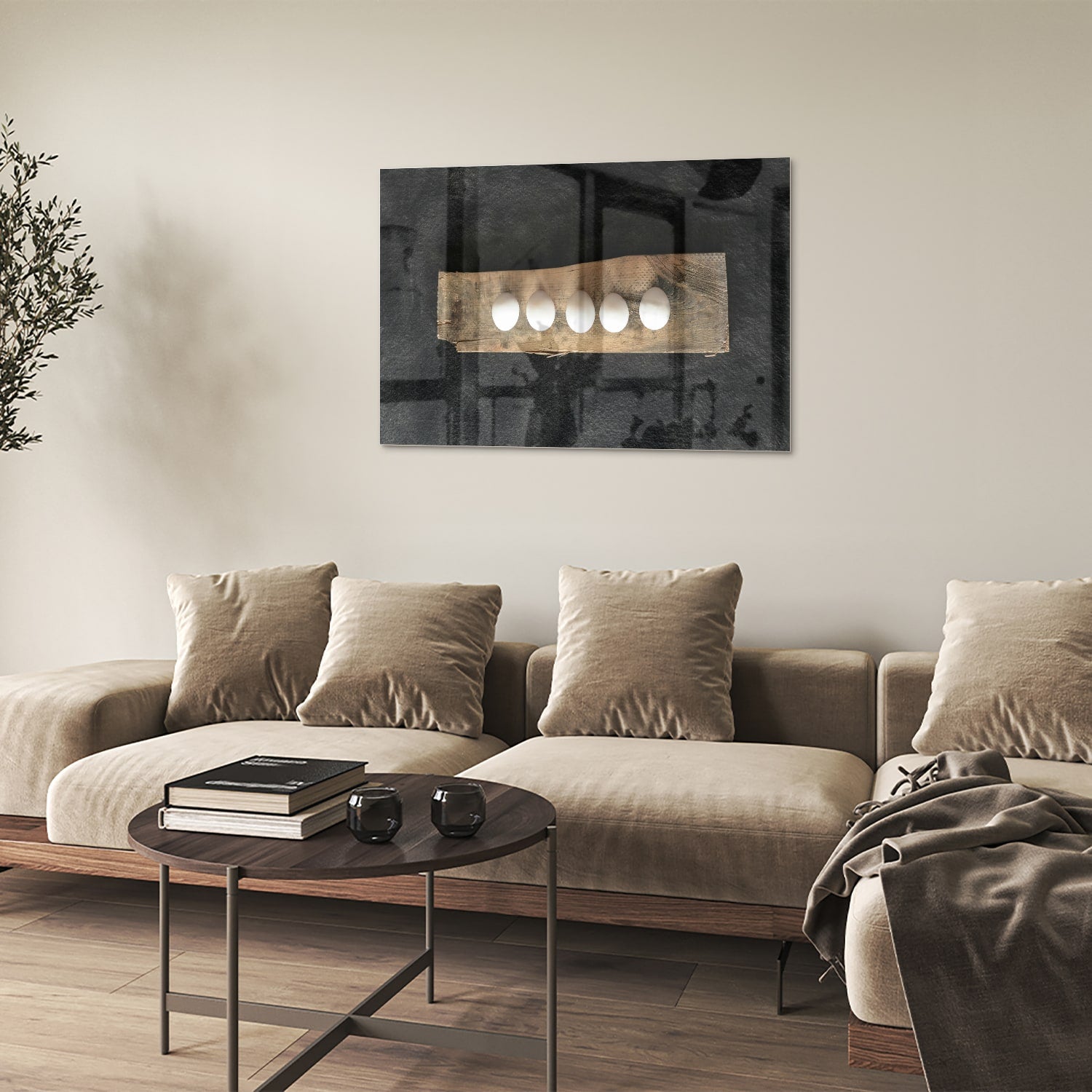 Elegant glazen schilderij met vier lichtpunten, perfect voor moderne interieurs.