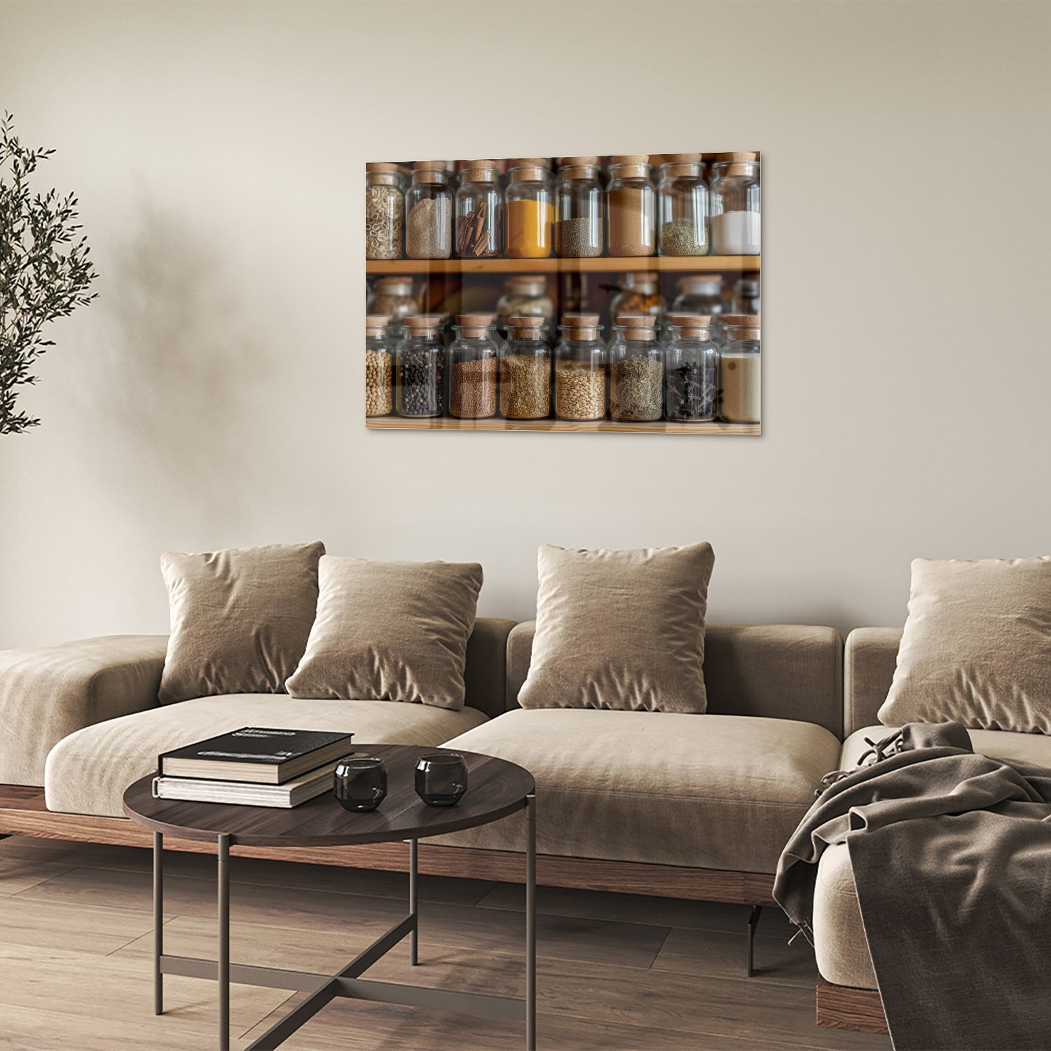 Glazen schilderij met een houten plank vol Mason jars gevuld met specerijen.