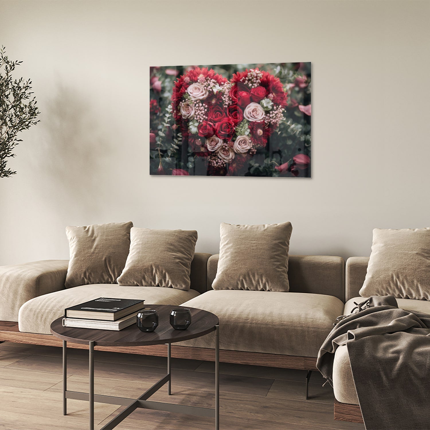 Glazen schilderij met hartvormige bloemmotieven in rood en roze