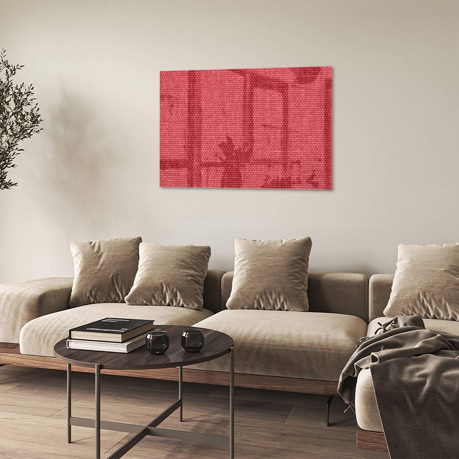 Modern glazen schilderij in helder rood aan de muur boven een licht houten kast.