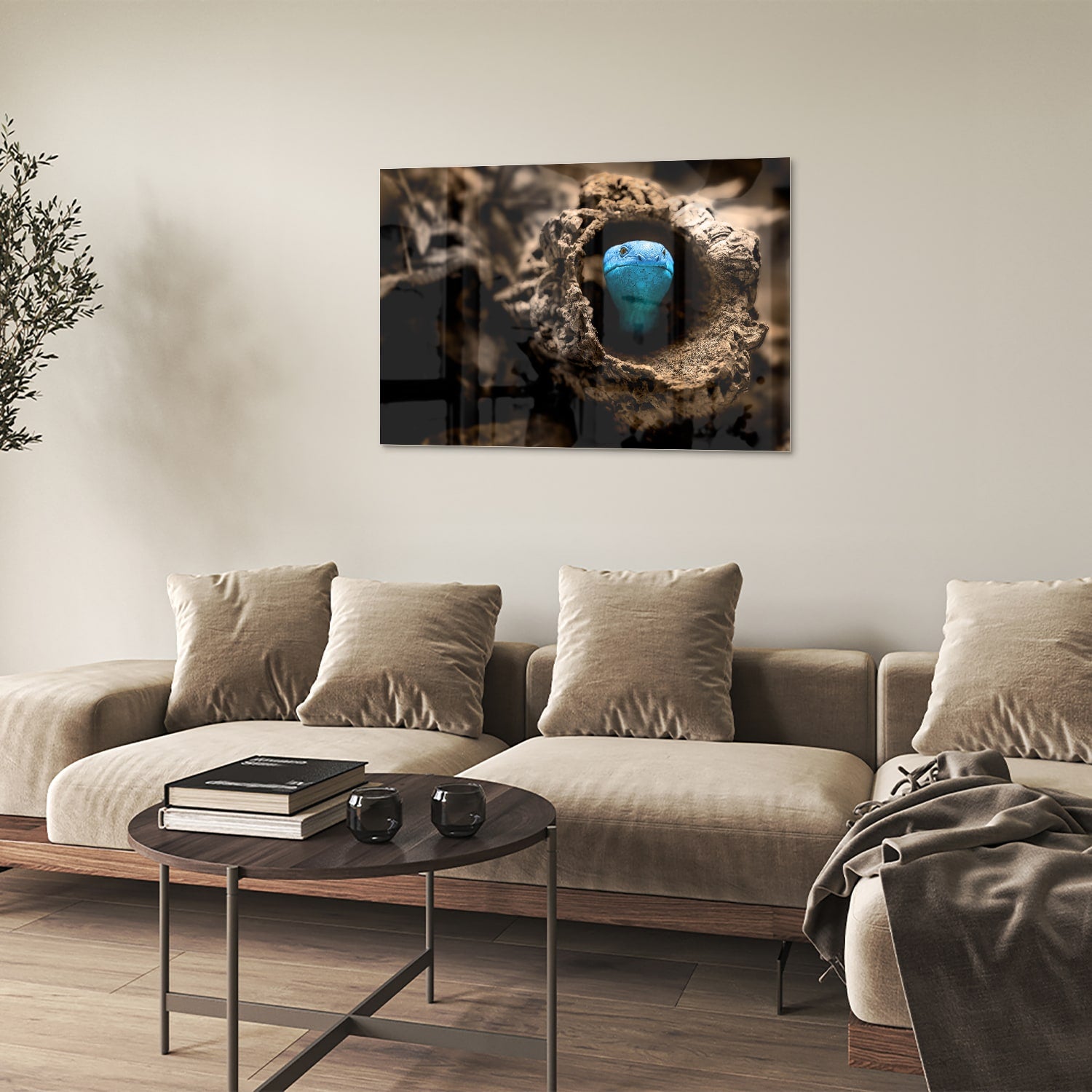 Glas schilderij met een blauwe parel in een nest, stijlvol en modern.